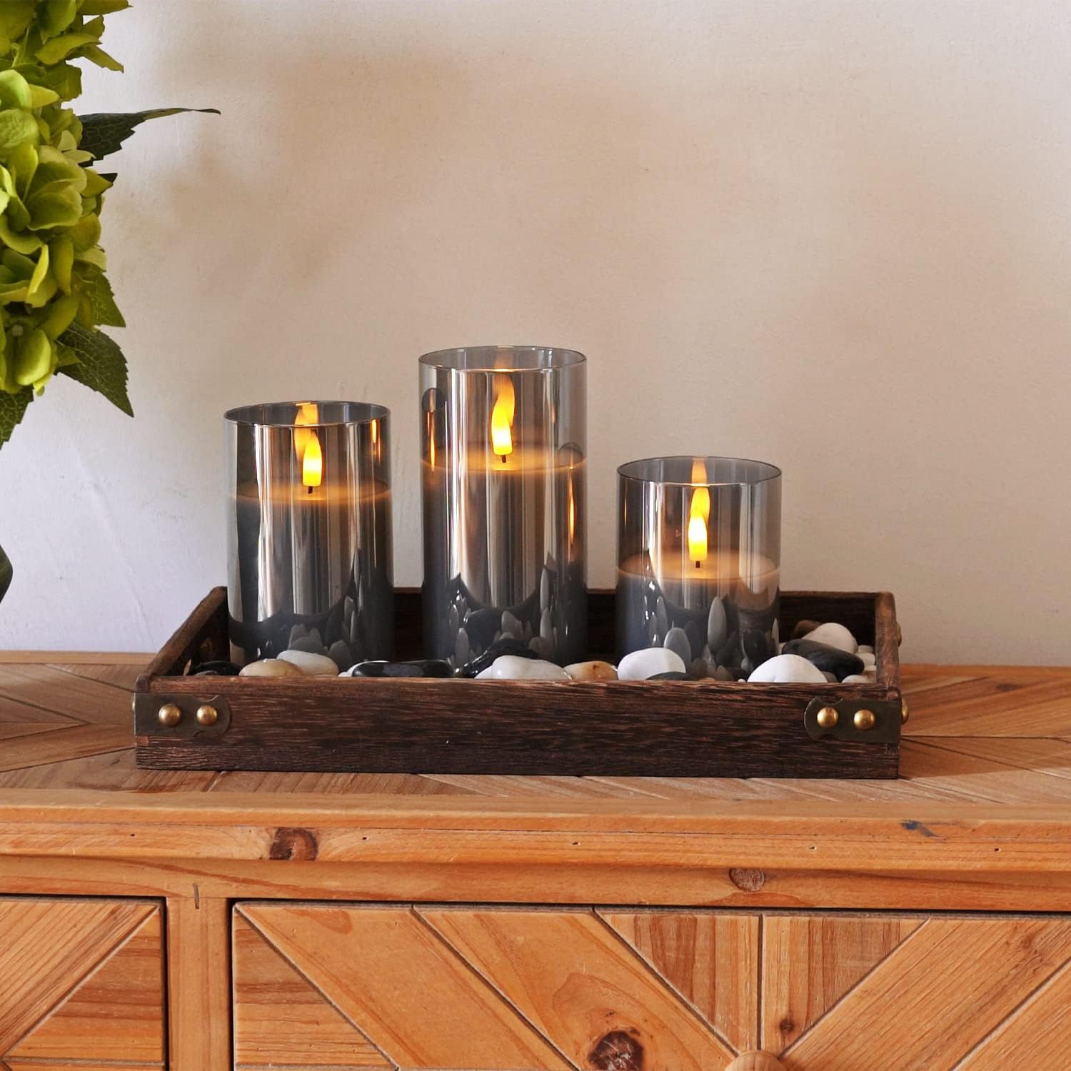 Homemory Grey Glass Flameless Candles, Real Wax, Remote Timer, 3 Pack | D3"xH4"5"6", battery operated flickering LED