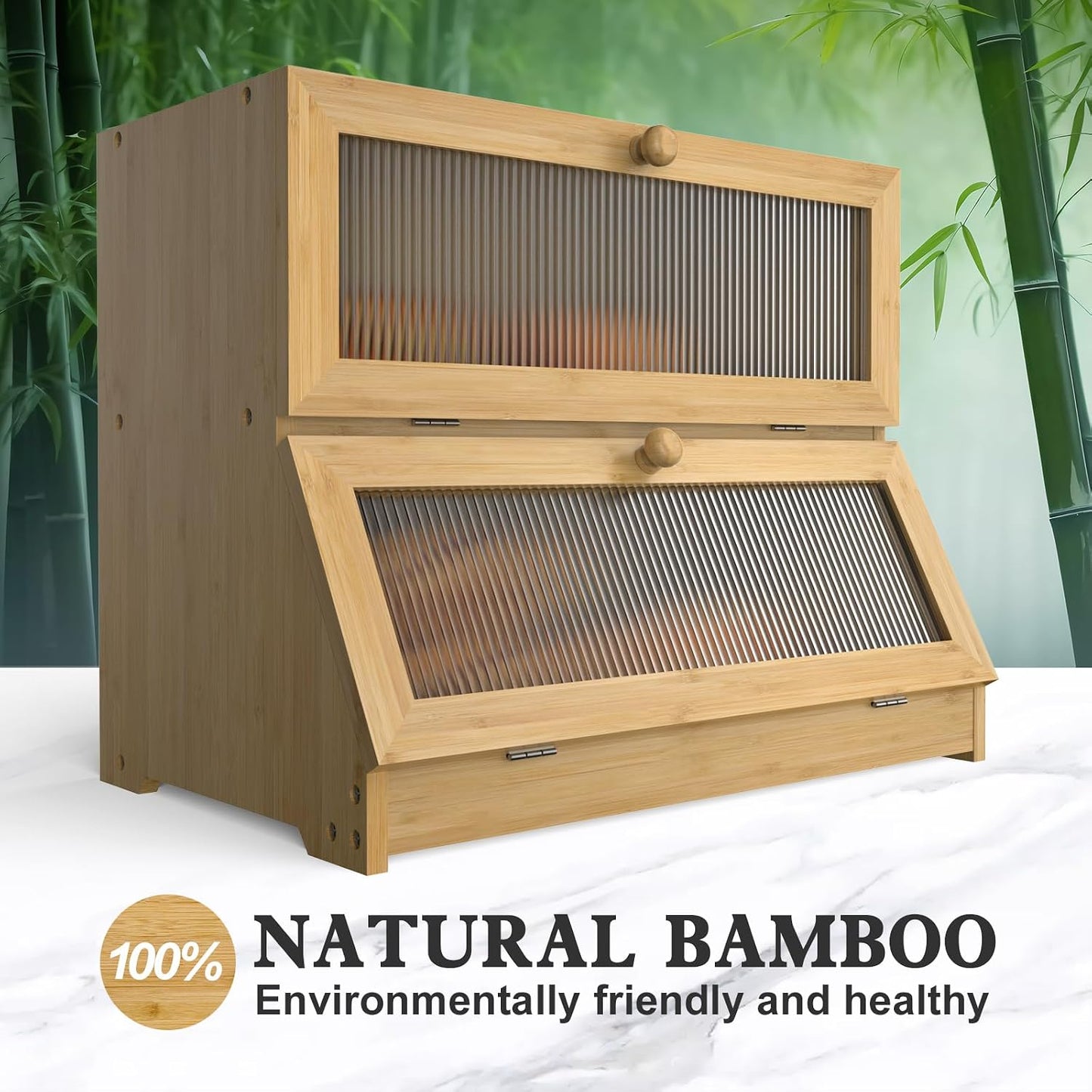 LOHASOK Bread Box for Kitchen Countertop, Wood Color | 2-layer, Bamboo, Large, Farmhouse Bread Container Holder