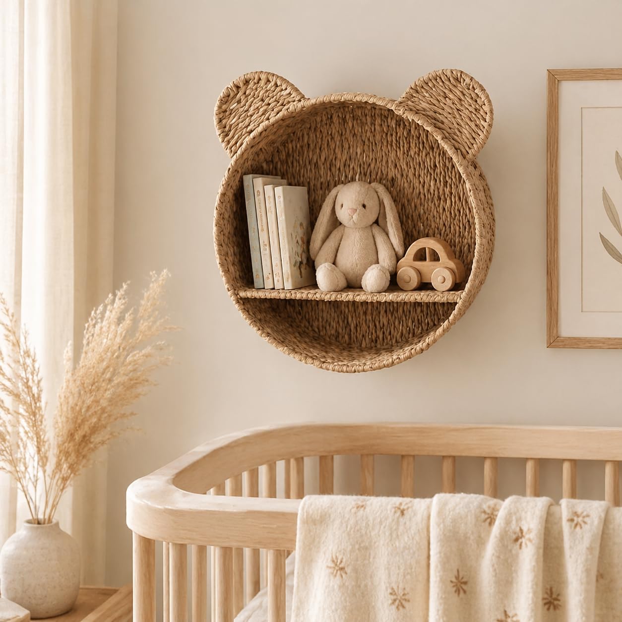 Woven Wall Basket Shelf Bear Nursery Decor / Khaki