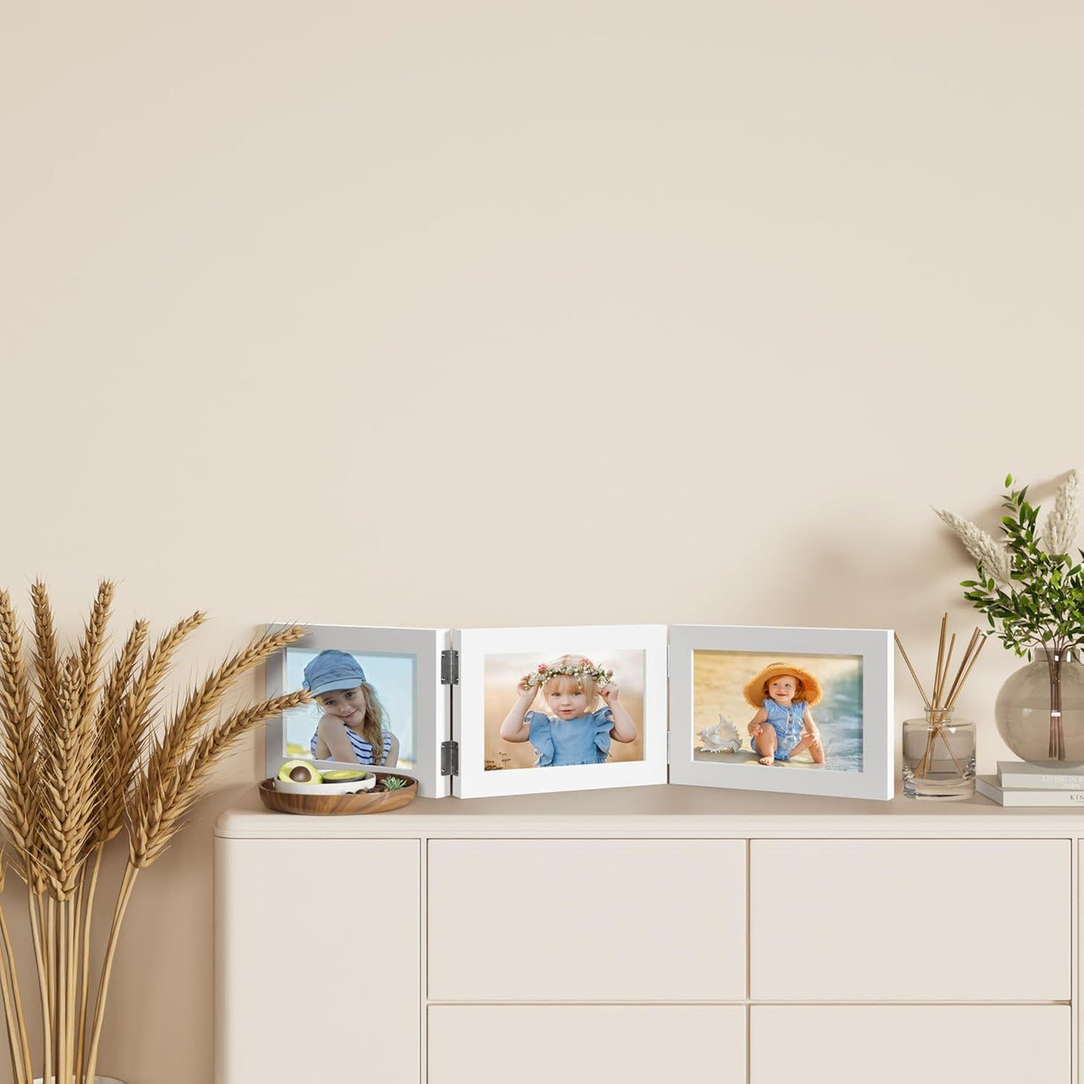 decorUhome White Triple 7x5 Picture Frame Horizontal, MDWT08 | "Z" Shape Folding Design Engineered Wood Trifold Photo