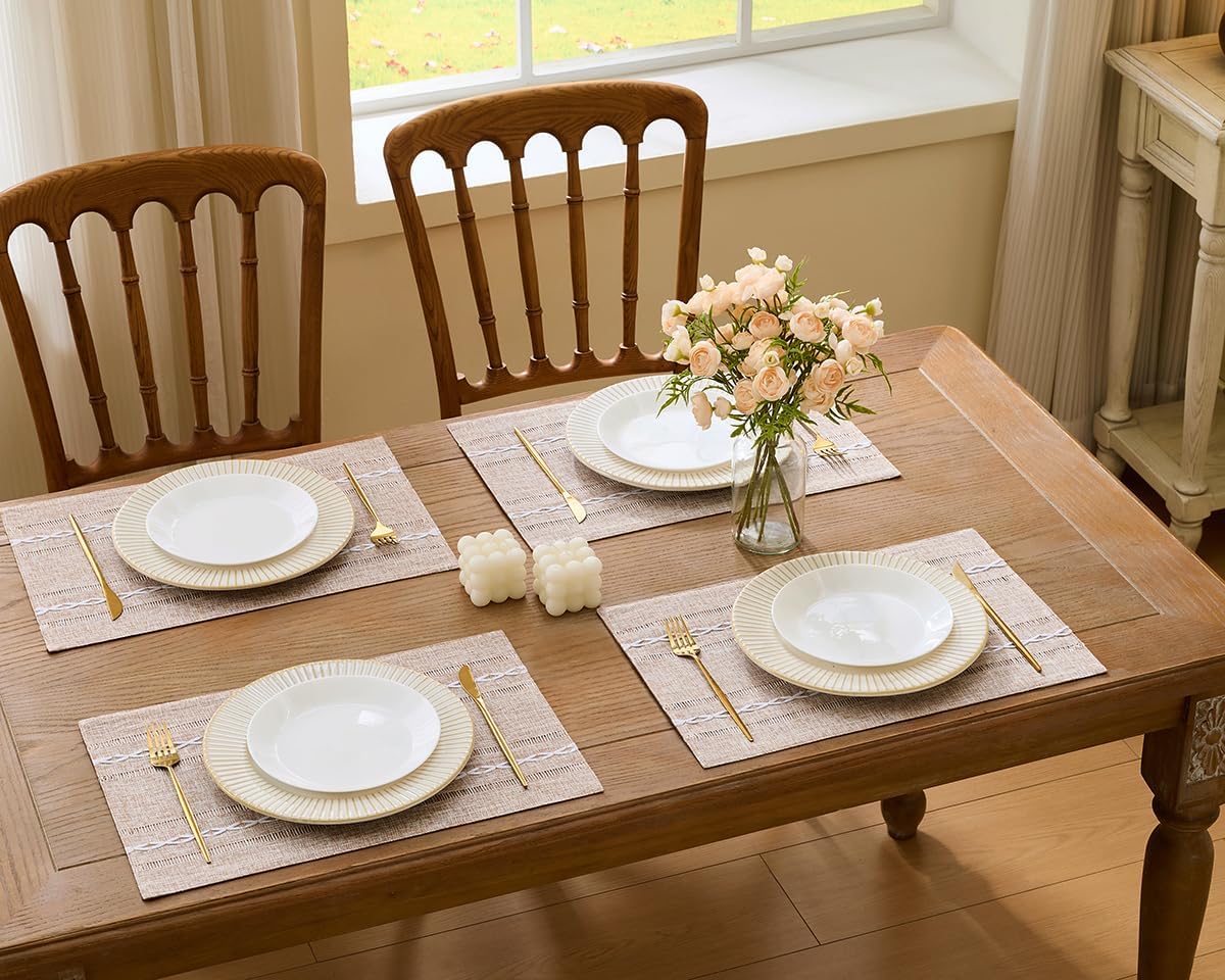 Wracra Cotton Linen Place Mats, Brown Embroidered Placemats Set of 8 | Placemats 12 x 18 Inch; Cotton Linen Woven