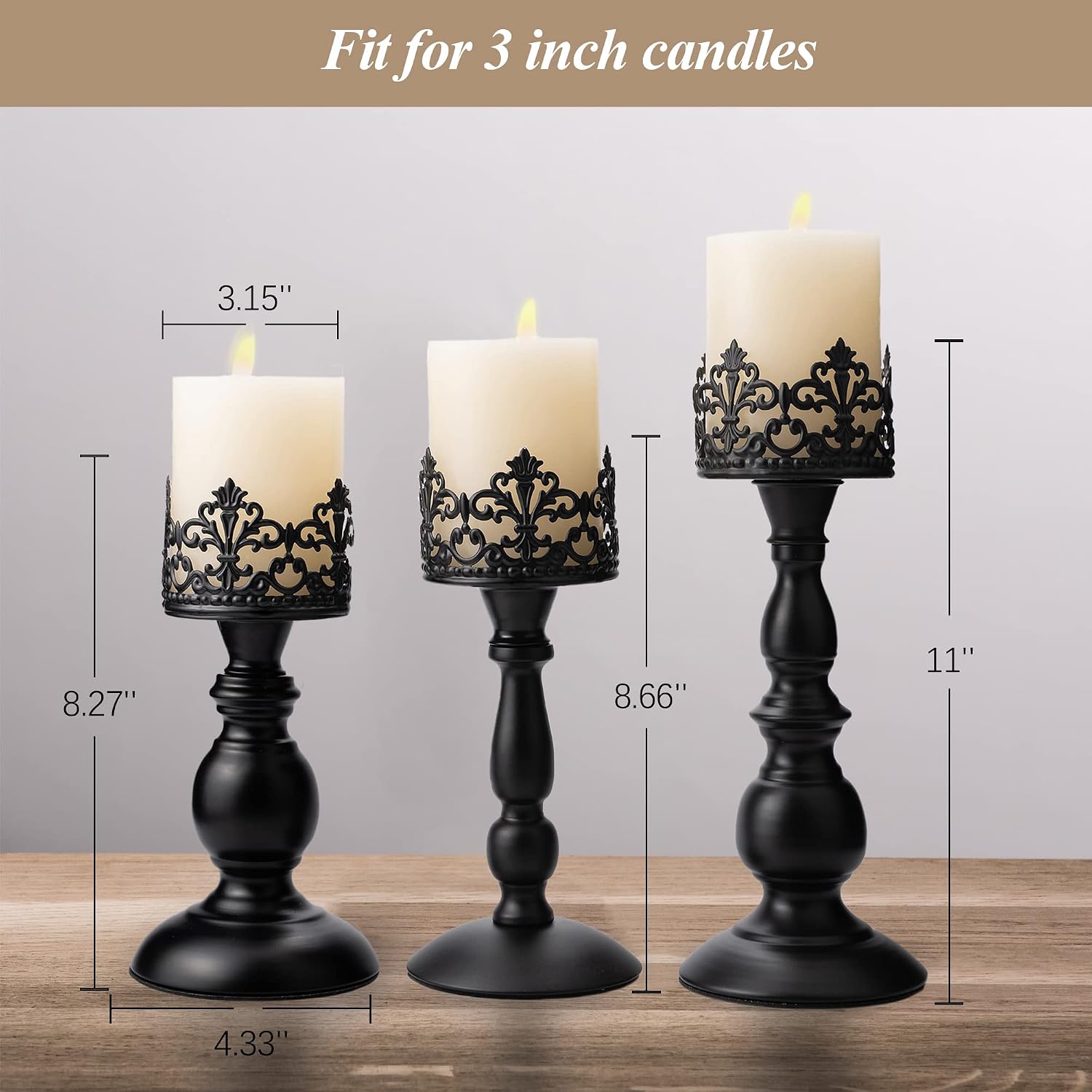 BANOMII Vintage Pillar Candle Holders for Table Centerpiece Set of 3-11'' 9'' 8'' - Matte Black Metal Candle Stands