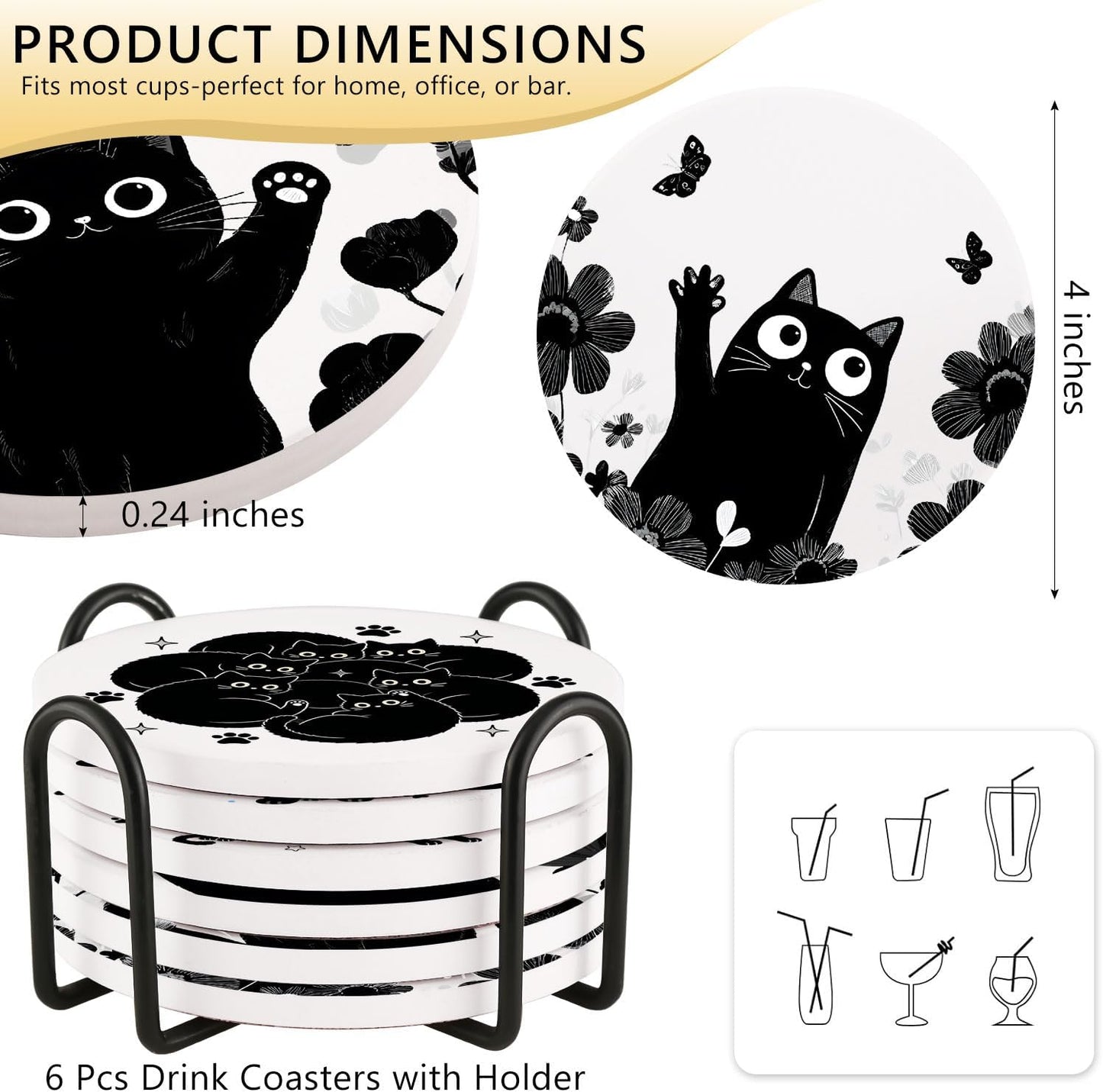 Flowers Ceramic Absorbent Coasters / Black Cat / Set of 6