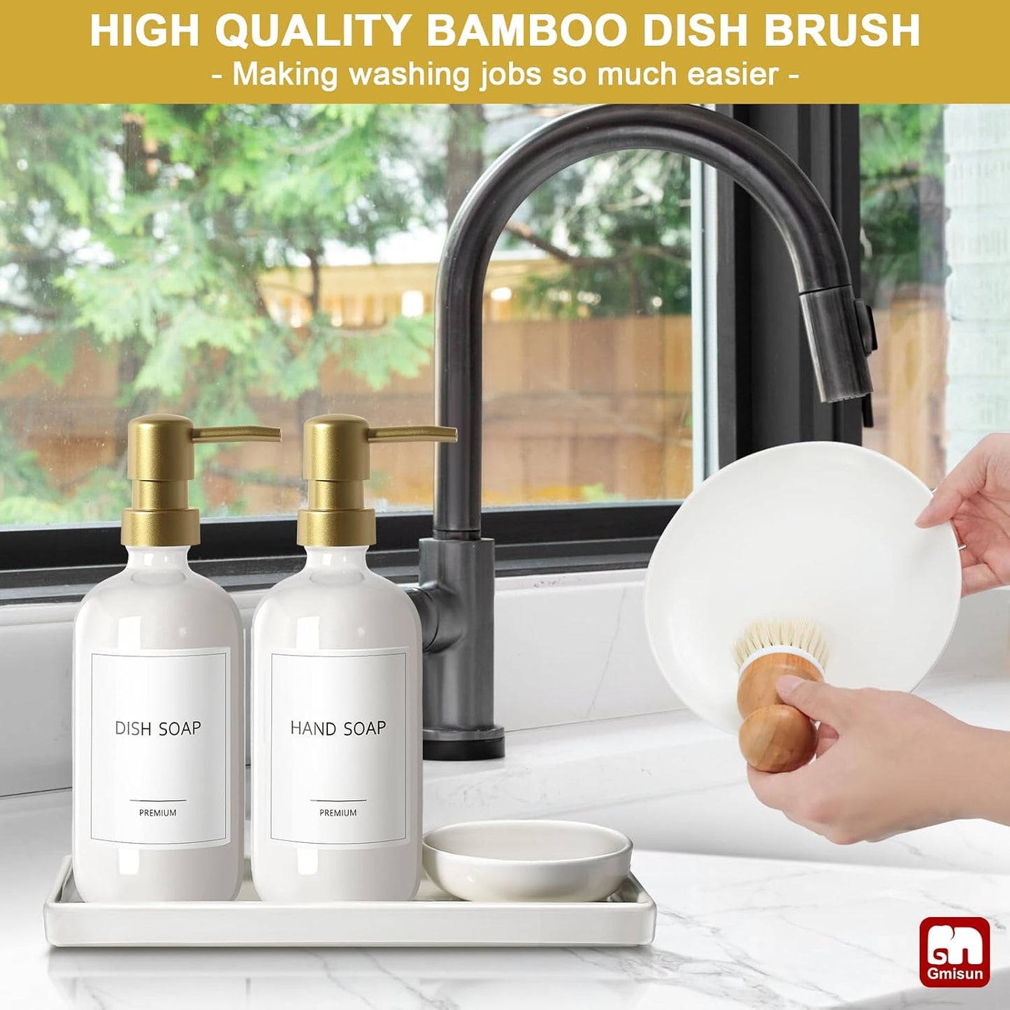 GMISUN Kitchen Soap Dispenser, 16 Oz Kitchen Dish Soap Dispenser Set with Ceramic Tray & Bamboo Brush, 2Pcs Farmhouse