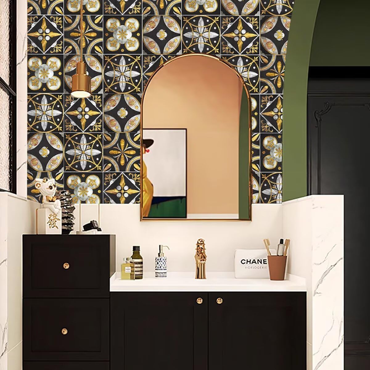 Self-Adhesive Vintage Moroccan Tile Decals Peel / 15cm * 15cm / Gold Black / 6 x 6 / Set of 10