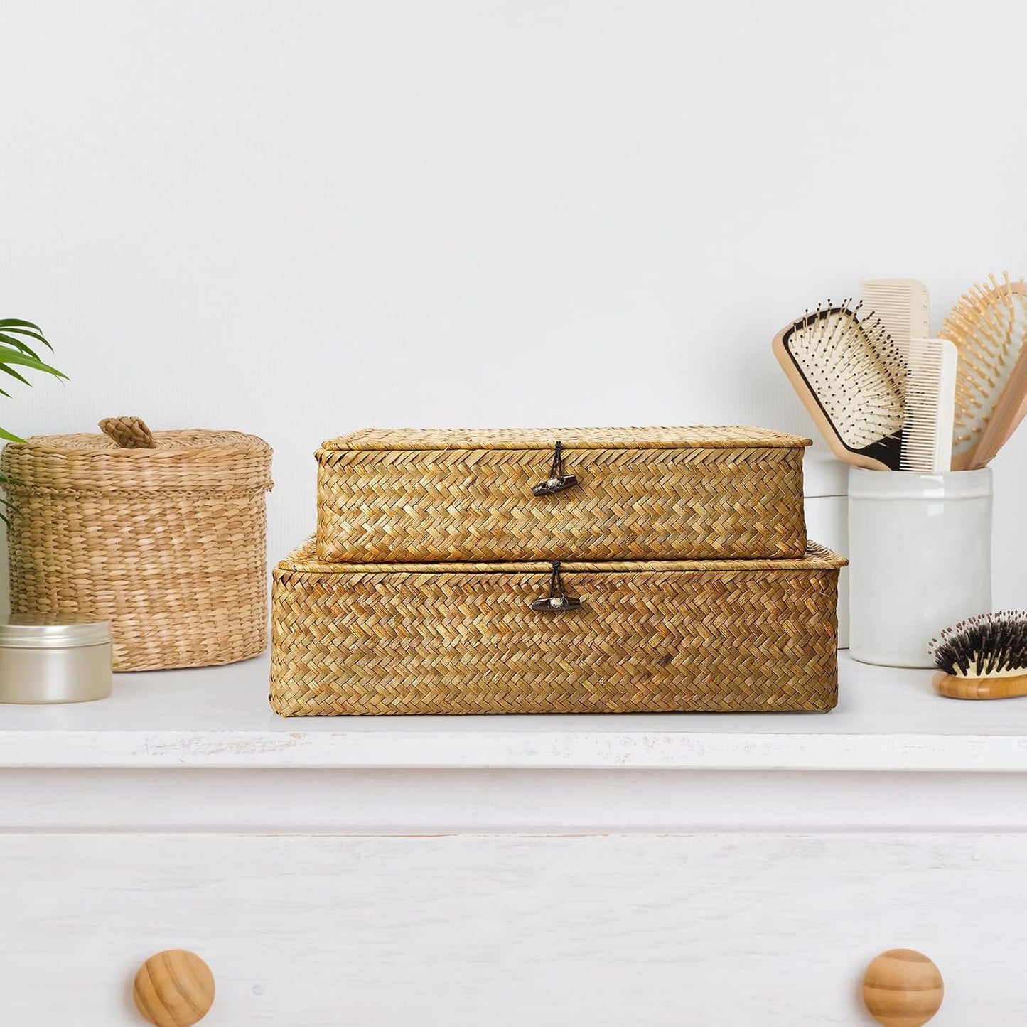 Seagrass Basket / Lid Wicker Storage Basket Decorative Storage Boxes / Yellow / Set of 4