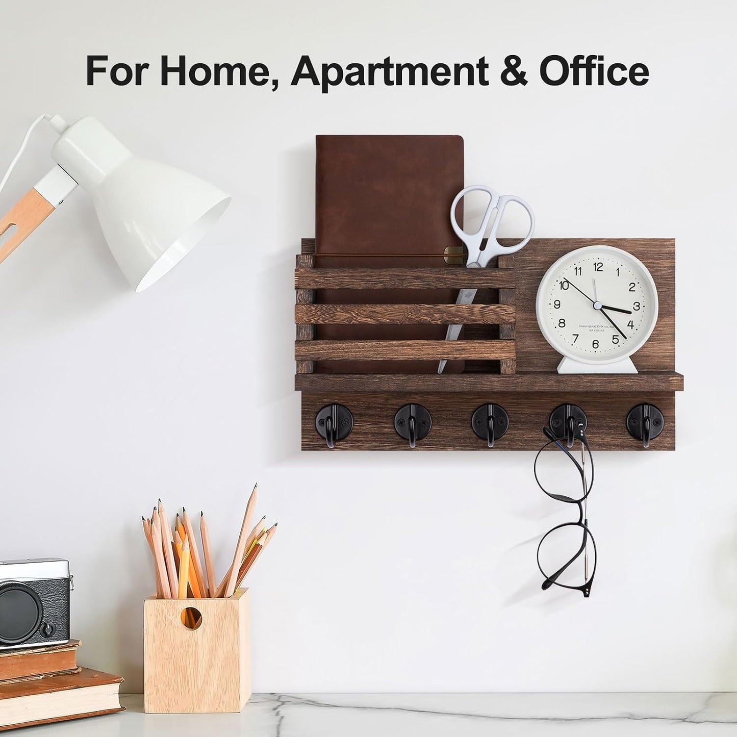 Decorative Wooden Mail Holder and Key Shelf / Brown / Large - 11.8inch