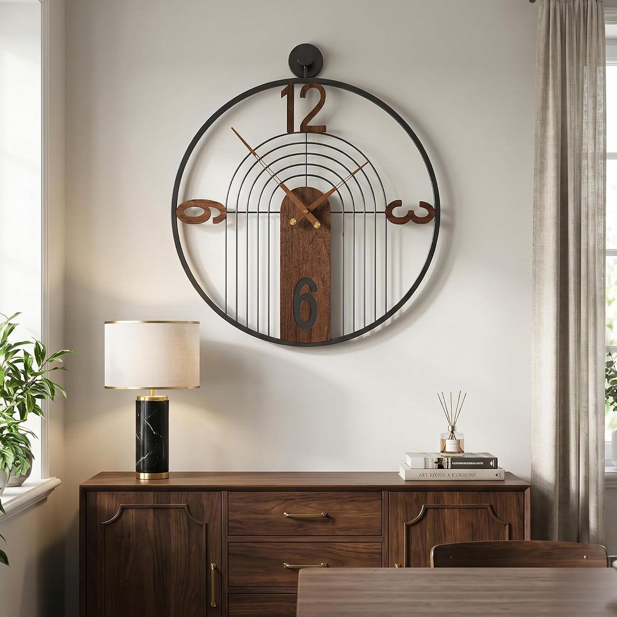 Cuspin 30 Inch Large Wall Clock Modern Black Metal Clock with Walnut Dial | Battery operated, Silent non ticking