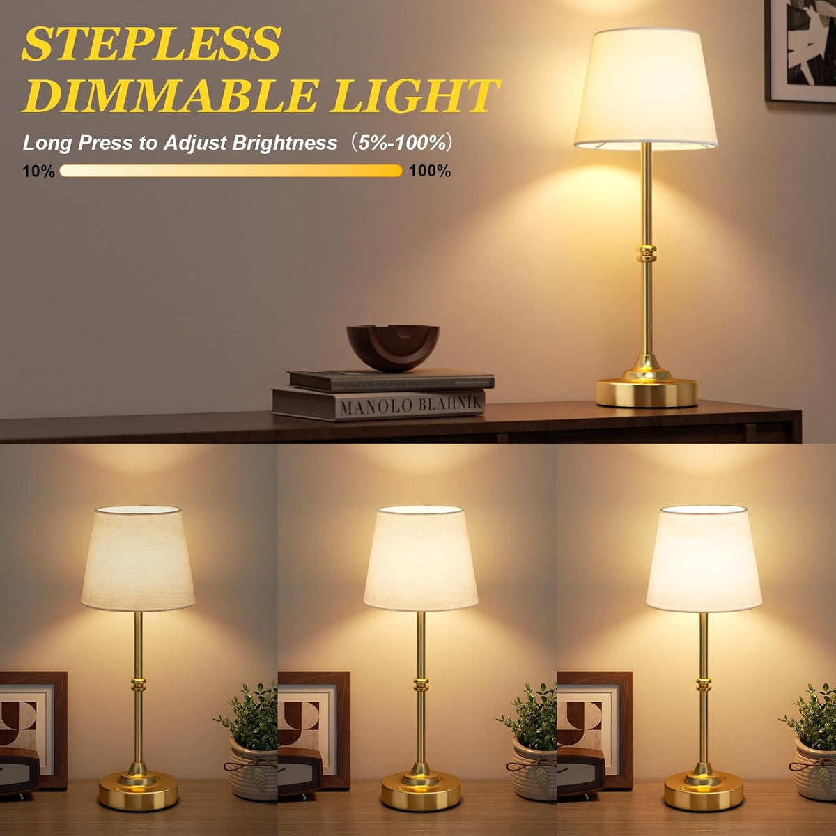 Kakanuo Cordless Table Lamp, Rechargeable Battery Operated, Brass, 1 Pack | 4000mAh Battery, USB-C Charging, 3000K Warm
