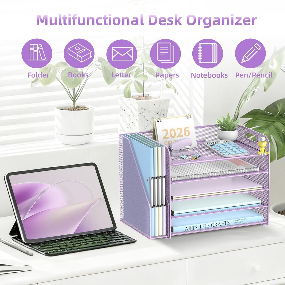5-Tier Desk Organizer with File Holder, Paper Organizer for Desk, Purple | 5 Letter Trays and Vertical File Holder with