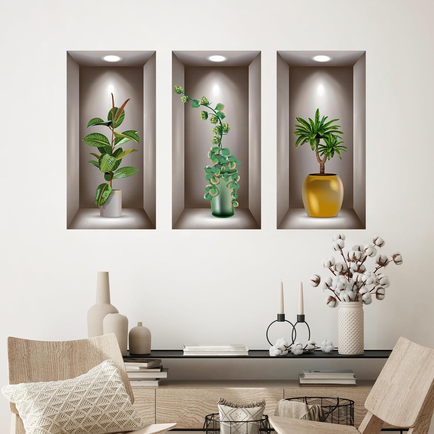 3D Potted Plants Wall Stickers Plants Leaves Wall Decals Peel and Stick 3D Magic / Green / Set of 3