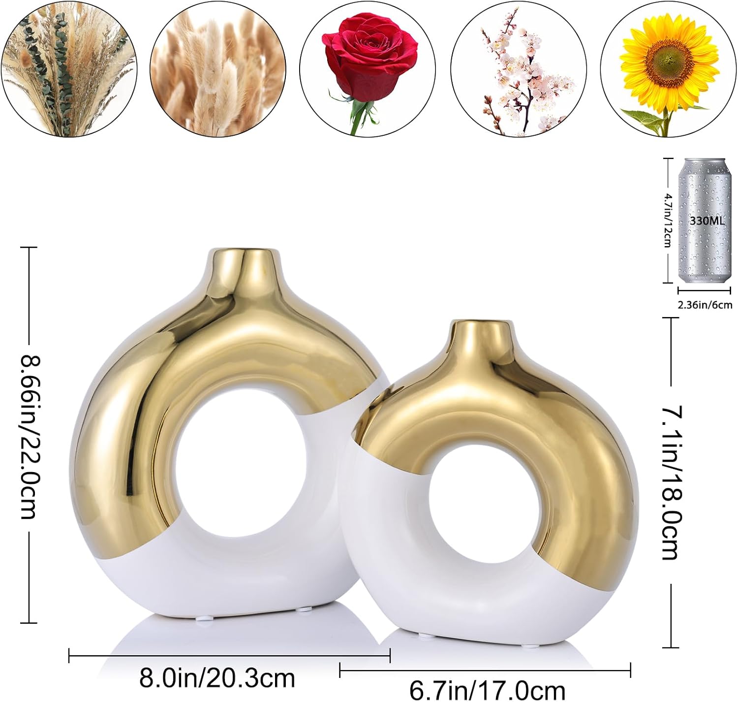 Modern Matte Ceramic Vases for Entryway Living / White and Gold / Set of 2