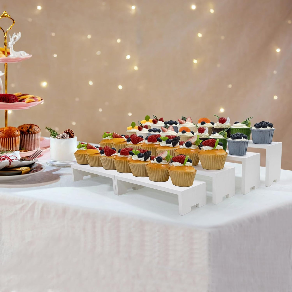 Yikaroeli 2 Set Large Display Risers White Perfume Riser Wooden Display Stand Cologne Stands 4 Tiered 8Pcs Cupcake