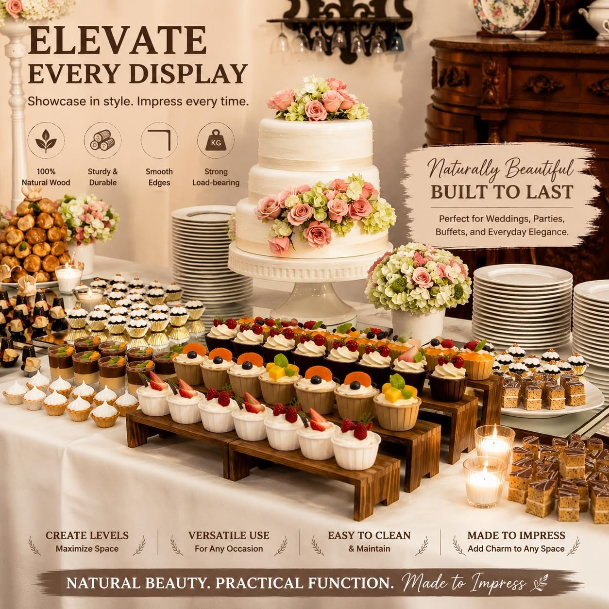 Yikaroeli Large Wood Display Risers Wooden Cupcake Stand Cake Stands Dessert Food Buffet Display Stand for Vendor