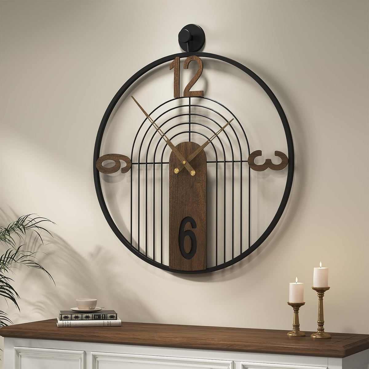 Cuspin 24 Inch Large Wall Clock Modern Black Metal Clock with Walnut Dial | Battery operated, Silent non ticking