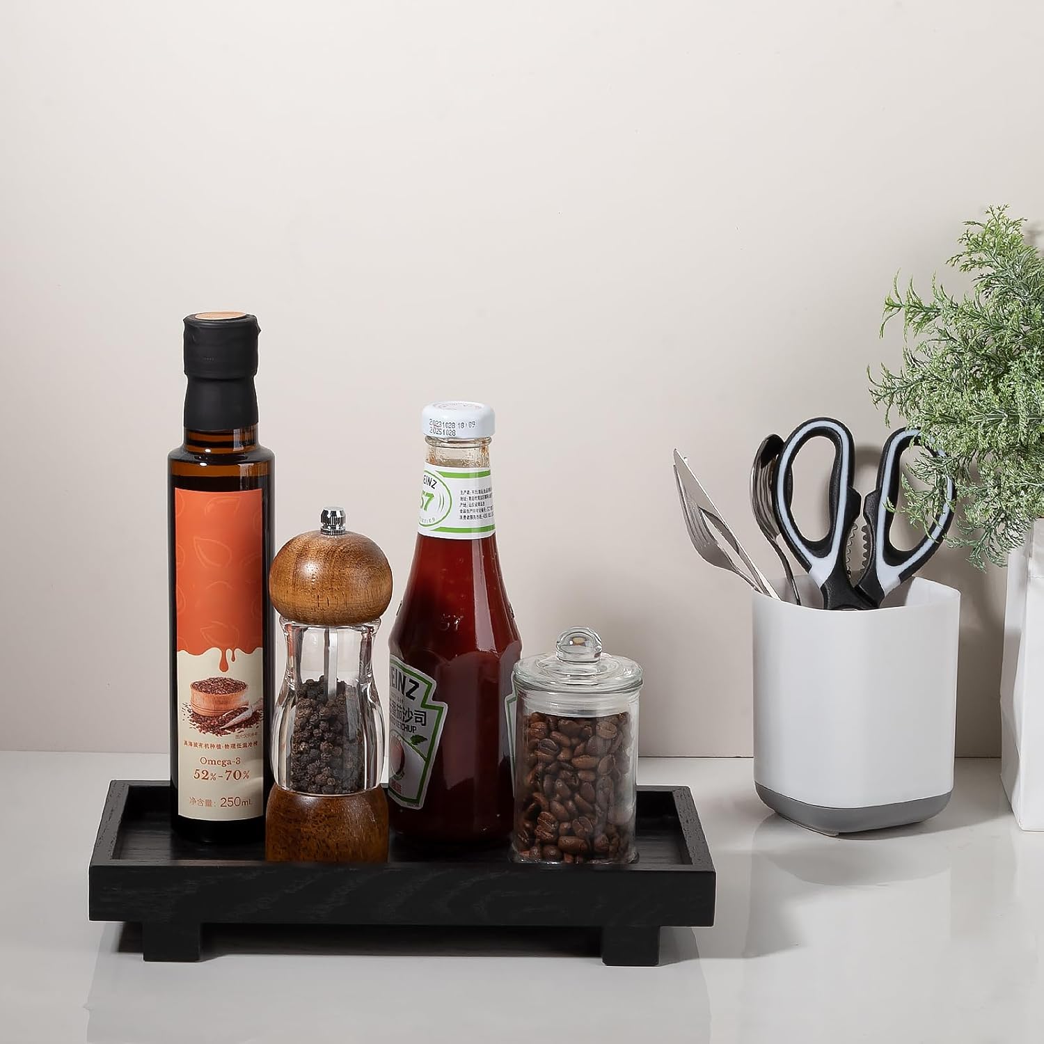 Decorative Tray Small Pedestal Stand Farmhouse Bathroom Decor Wooden / Black / 10.8 x 5.3 x 1.7