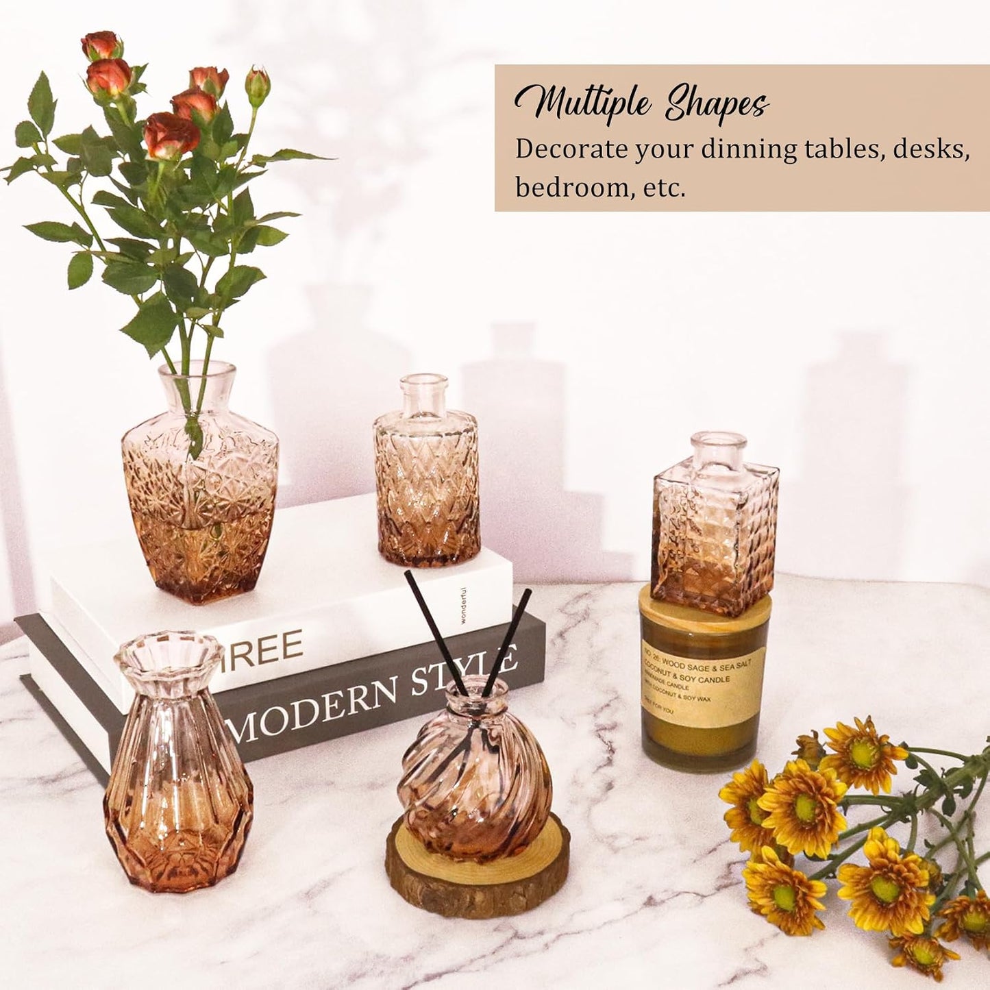 Bud Vases Set Small Vintage Glass Bottles Bud Vases in Bulk Multiple Shape Glass / Amber / Set of 36