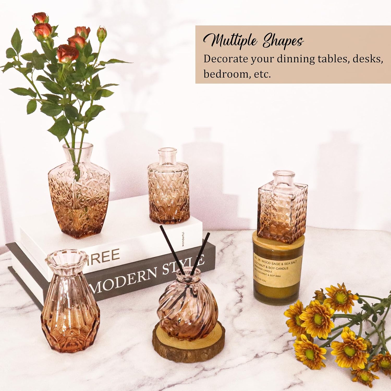 Bud Vases Set Small Vintage Glass Bottles Bud Vases in Bulk Multiple Shape Glass / Amber / Set of 36