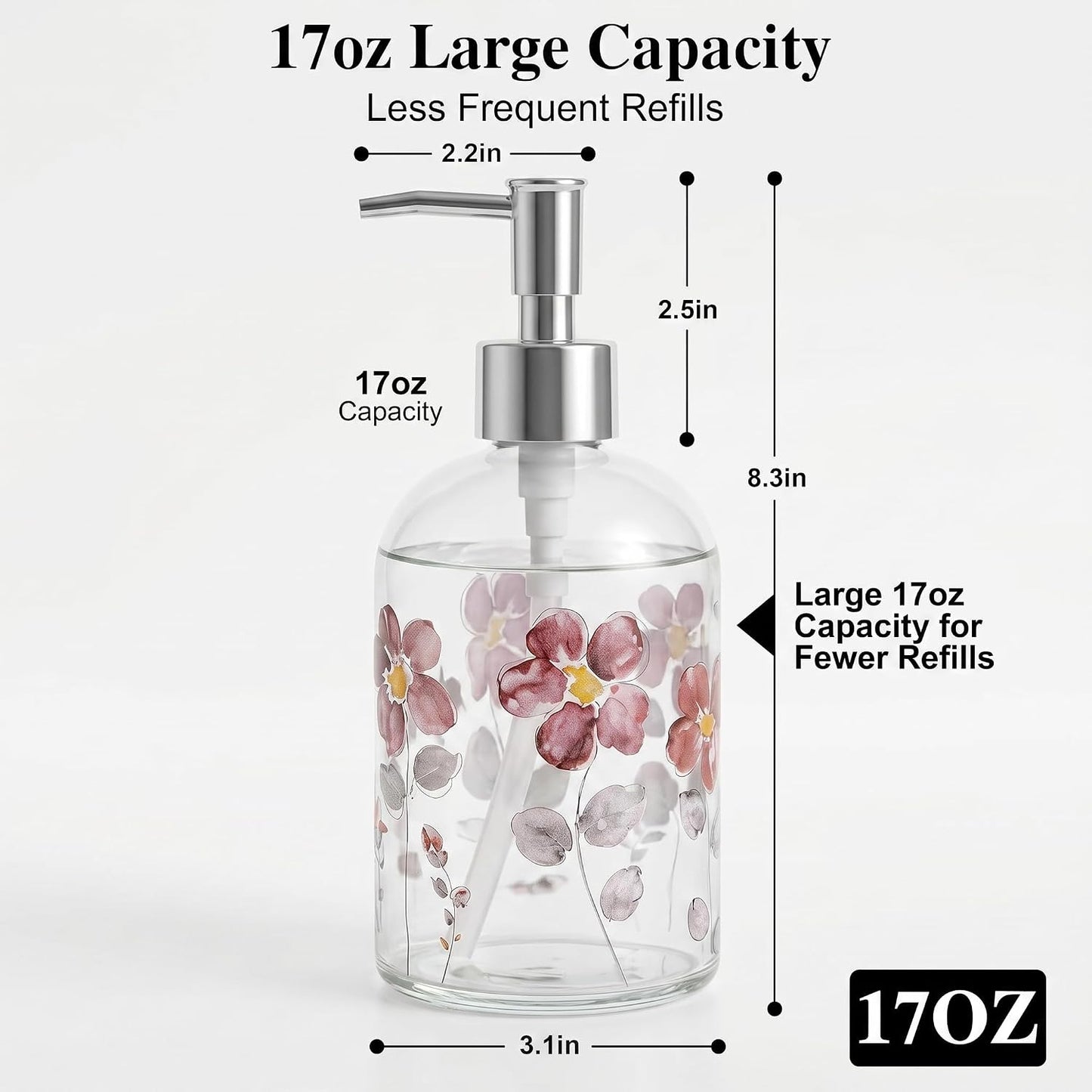 Topadorn 2 Pack Hand and Dish Soap Dispenser Set, Coordinated Floral | 17oz Glass Soap Dispensers with Pump, Refillable