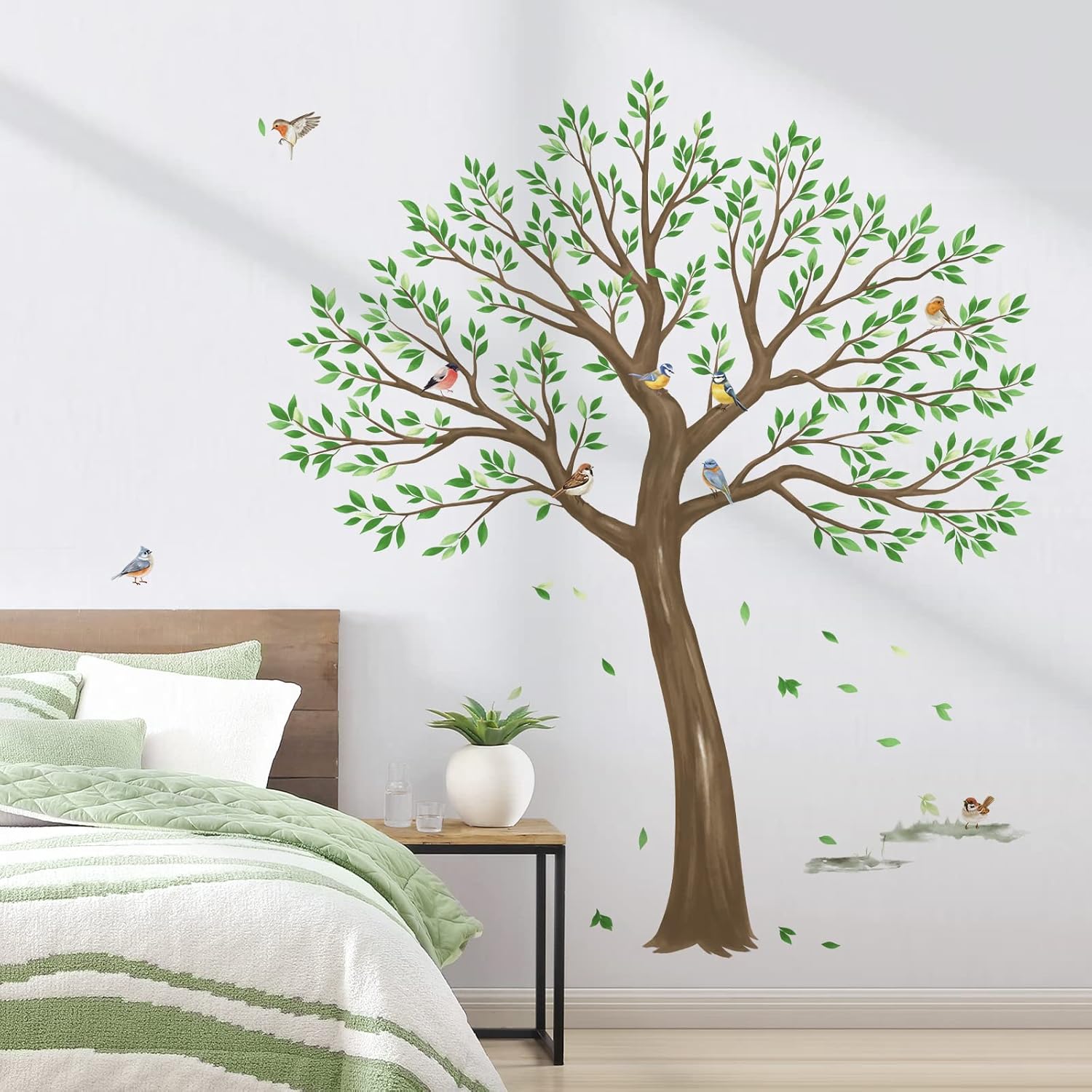 Large Tree Wall Stickers Leaves Birds Peel and Stick Wall Decals / Green