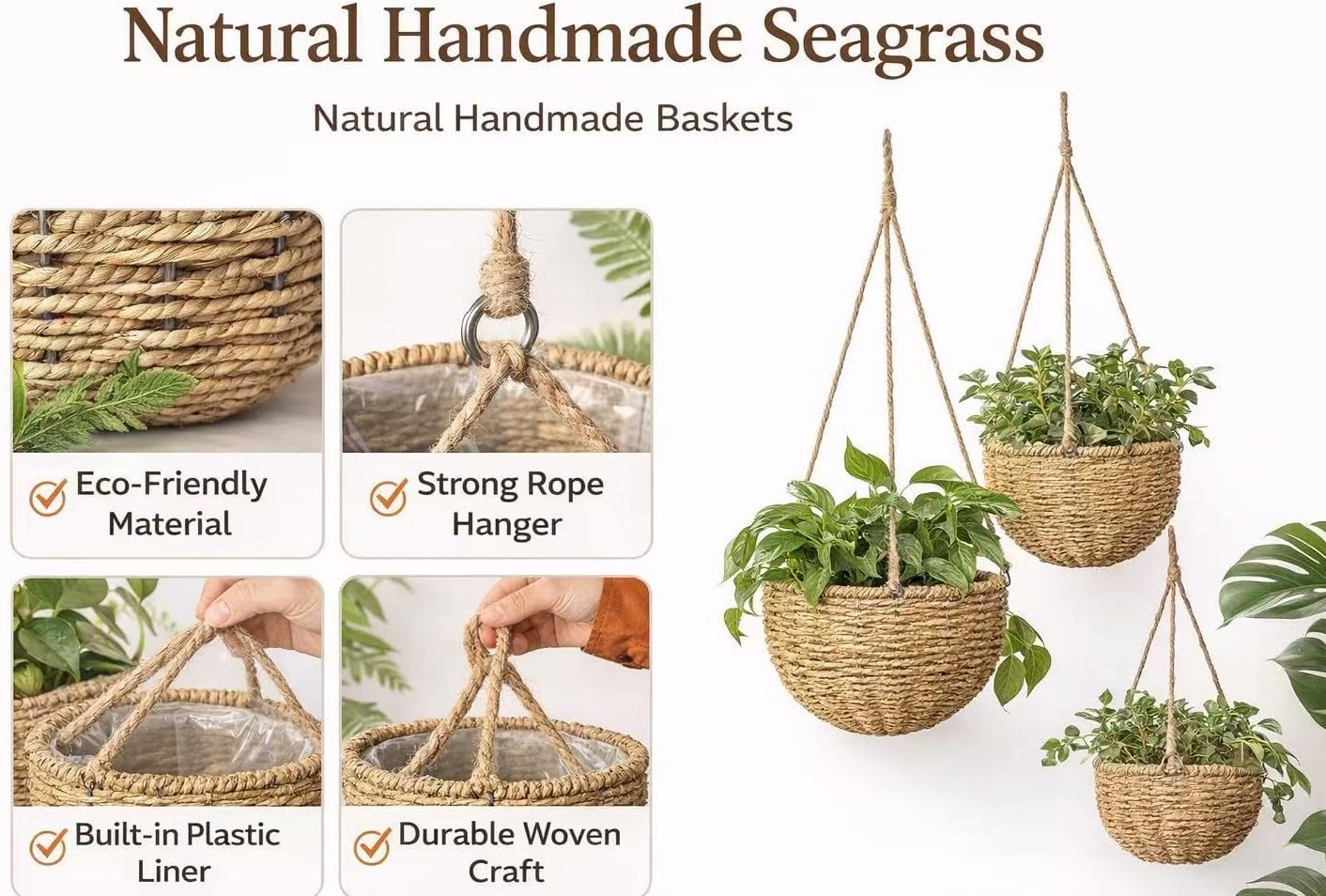 Handmade of Seagrass Round Planter Pots Decor / Natural / Set of 3