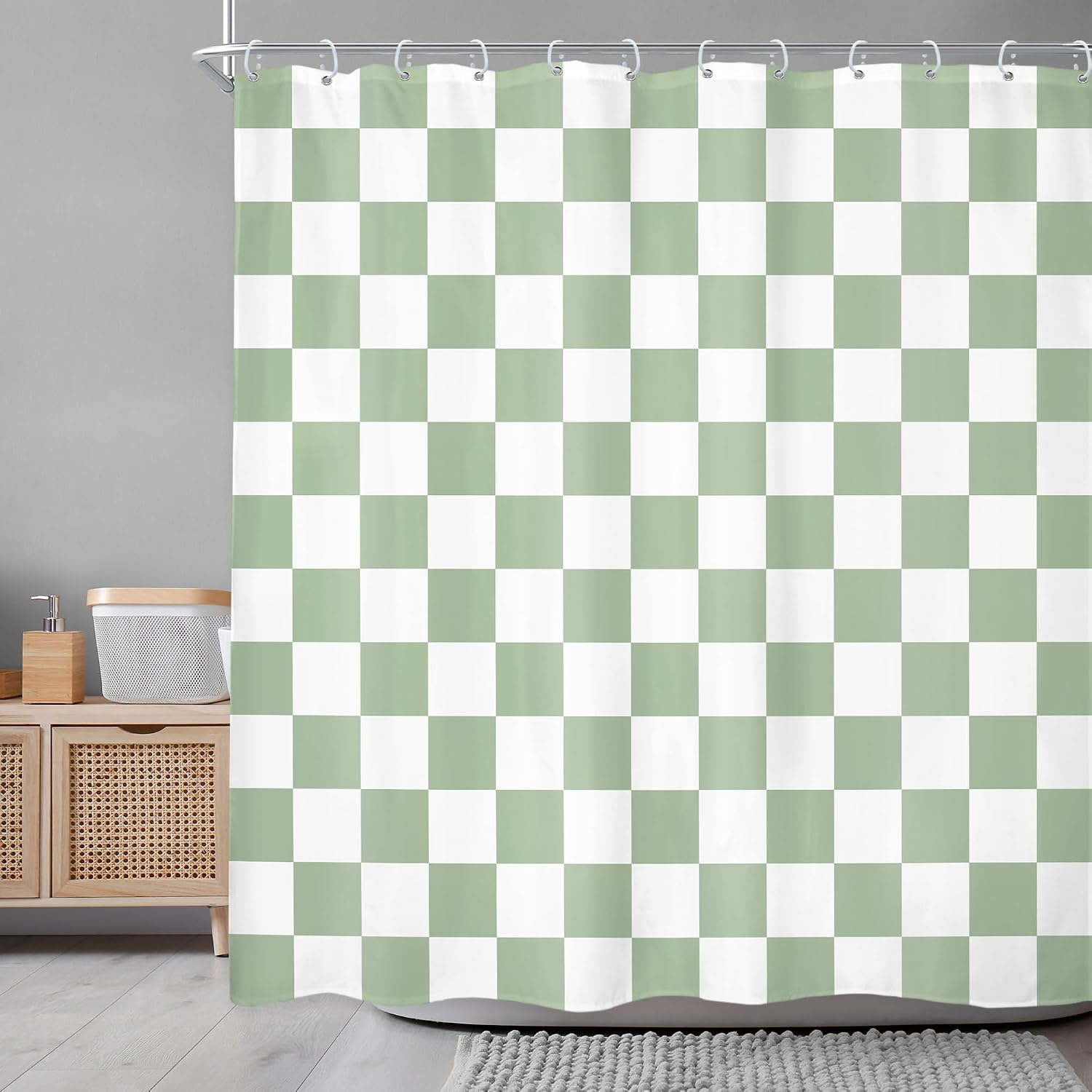Sage Green White Checkered Shower Curtain L Abstract Y2K / 02 Green White / 72"W x 72"L / 72 x 72