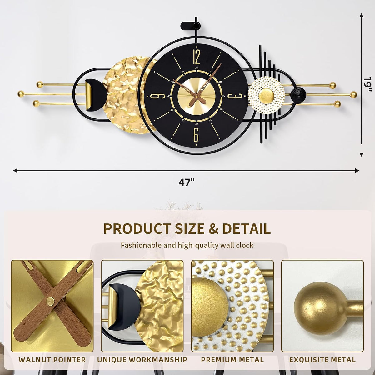 47x19 Inch Modern Large Wall Clock Battery Powered for Living Room | Quartz Movement, Easy-Read Analog Dial, Sleek