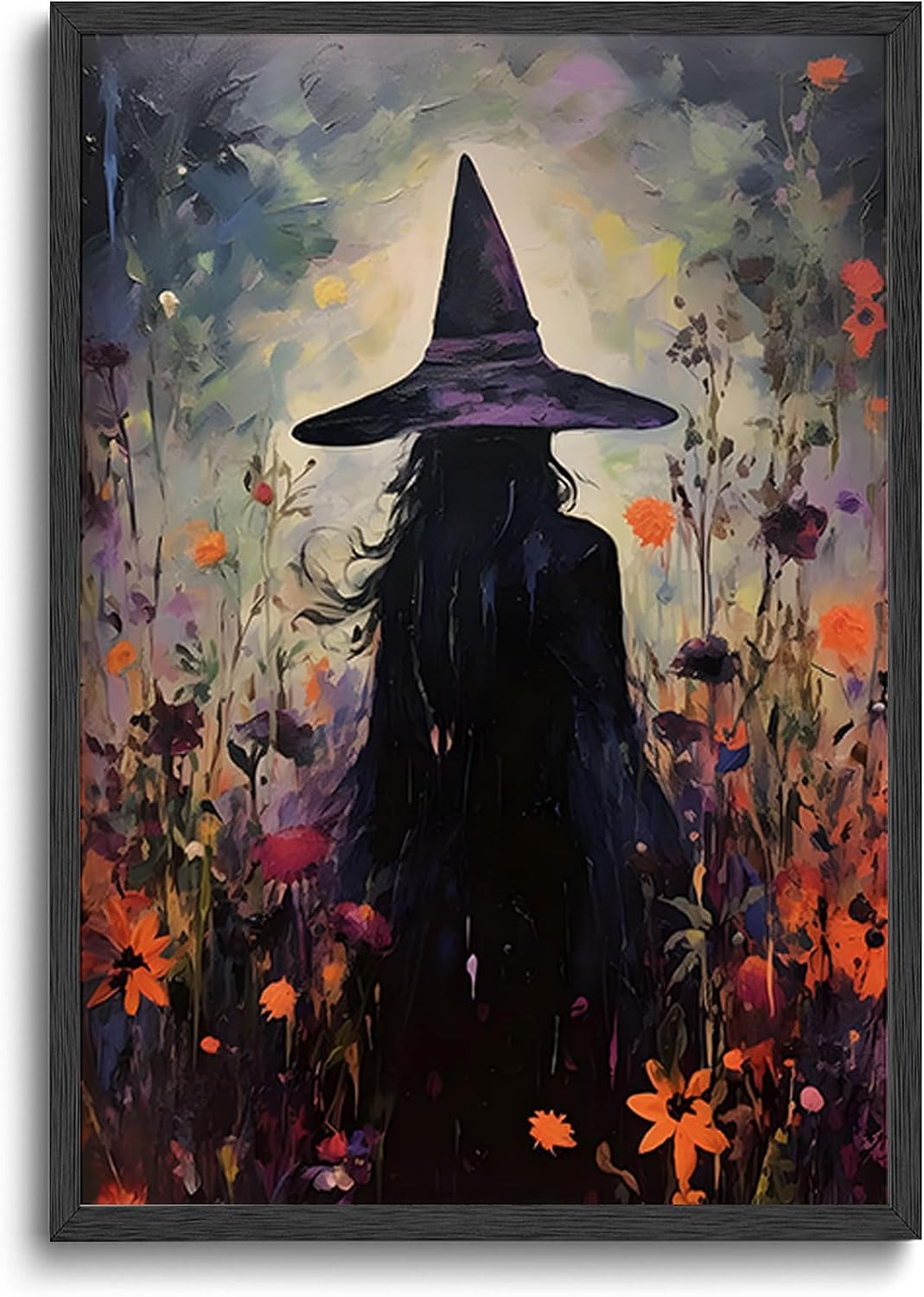 ILLBDR Halloween Witch with Flowers Canvas Wall Art Poster 16x24 inch
