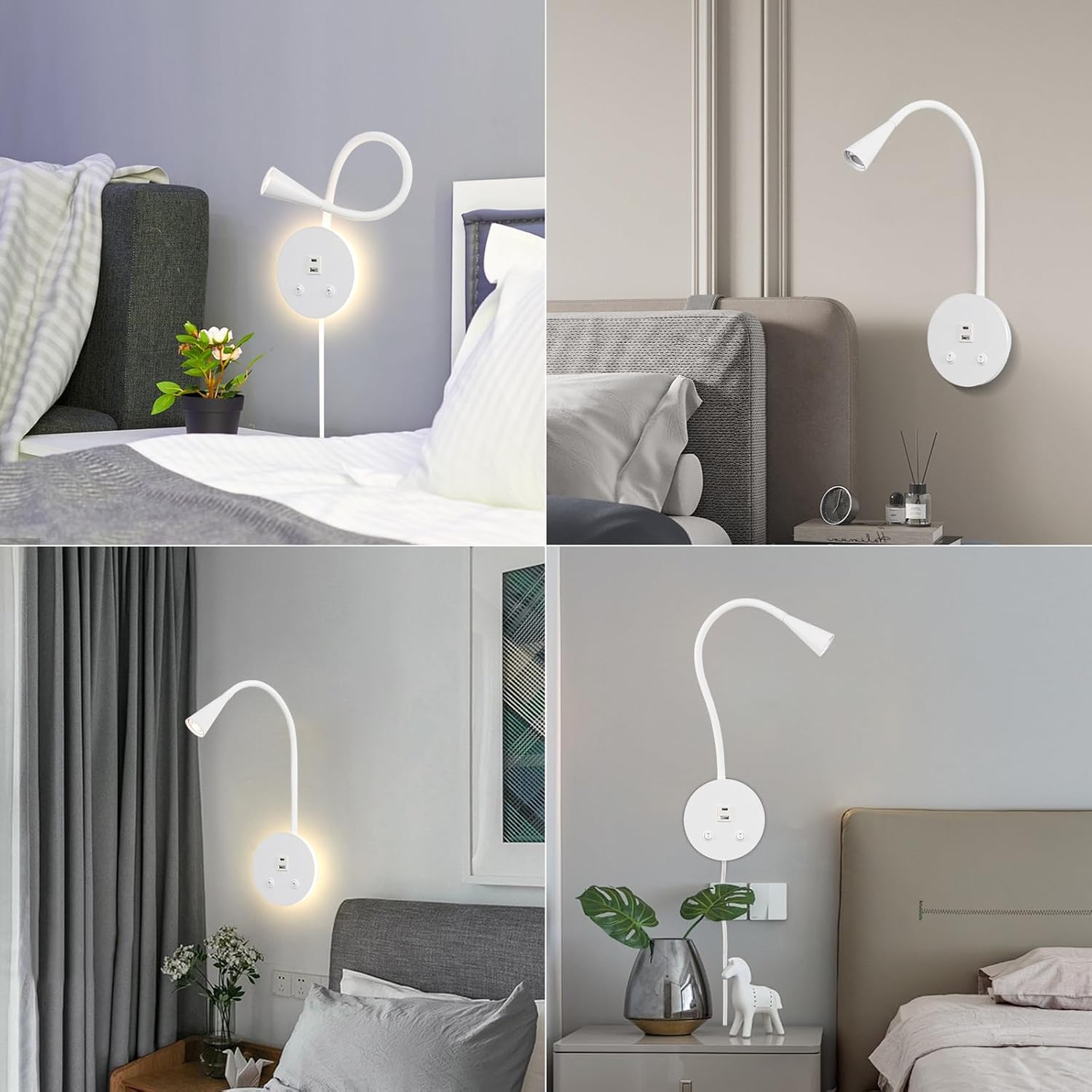 Dimmable LED Wall Reading Lamp - Adjustable Gooseneck Book Light for Bed, USB + Type C Output, 2-in-1 Night Light &