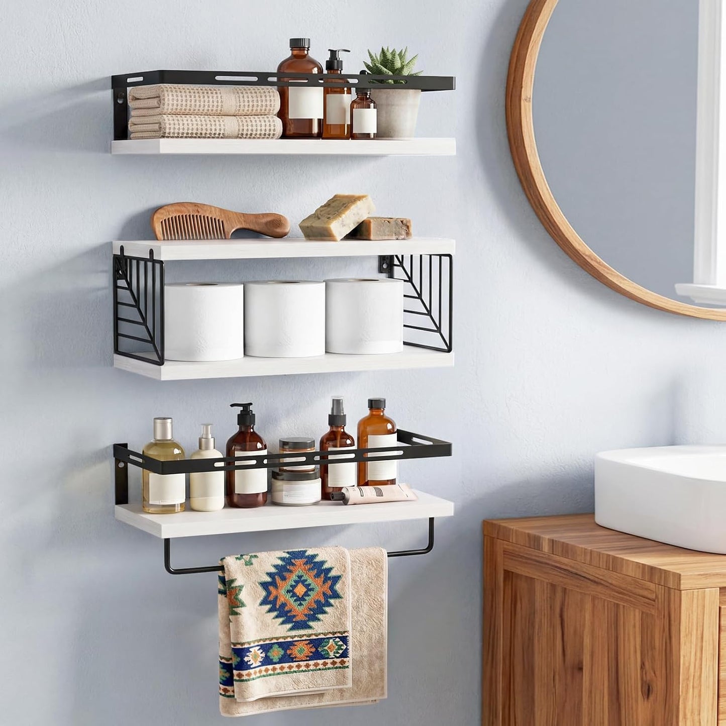 Fixwal Wall Mounted Bathroom Shelves Over Toilet (3+1 White) | Wall Shelf with Basket Storage , Towel Bar, Solid Wood