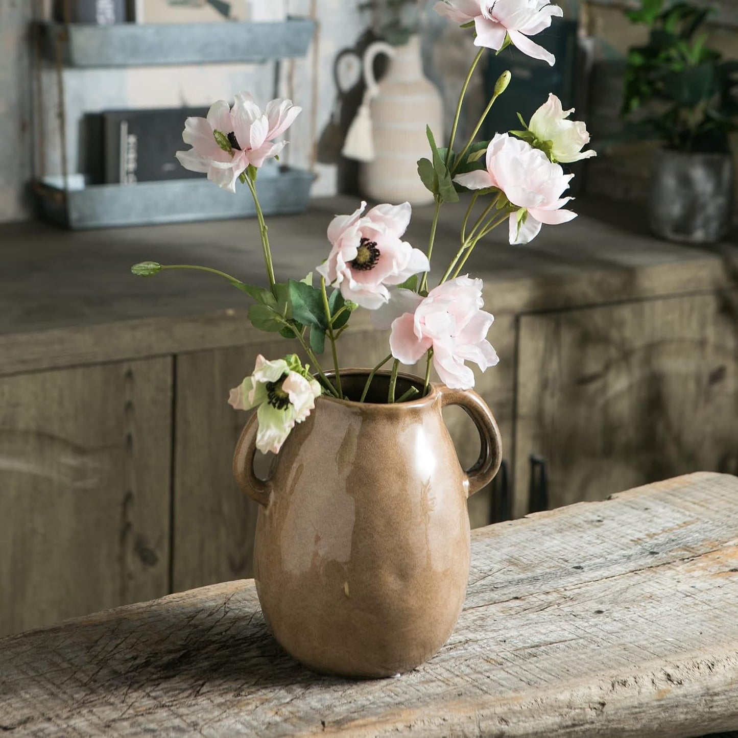 Brown Ceramic Vase / Double Handle - Brown