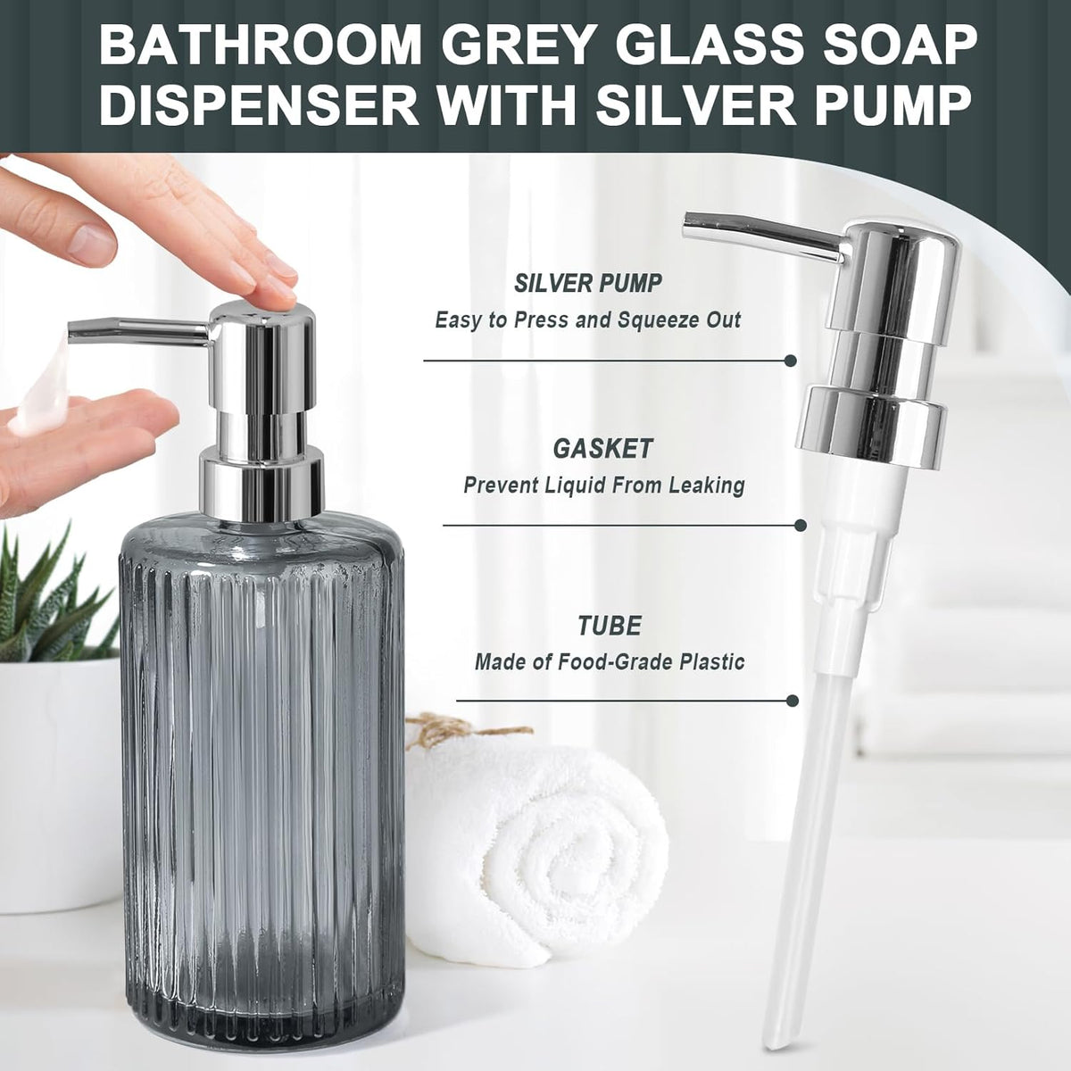 KASUNTING Gray Glass Bathroom Accessories 4 Pcs, Grey Bathroom Set, Soap Dispenser and Toothbrush Holder Set, Qtip
