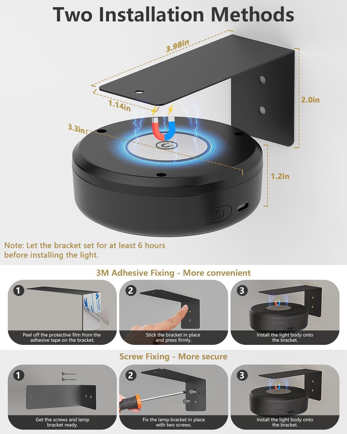 3.3" Picture Lights for Wall Spotlight, 2000mAh Rechargeable, 6Pack, Black | RGB & 3-Color-Temp丨Remote & Touch