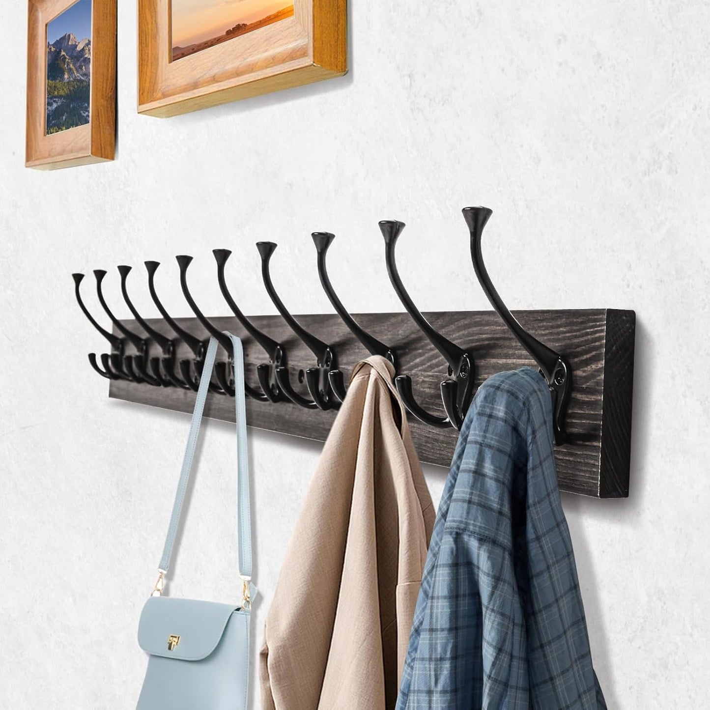 Rustic Coat Hooks Rail / Old Wood Plate & Black Tri-hook / 1 Item-10 Hooks