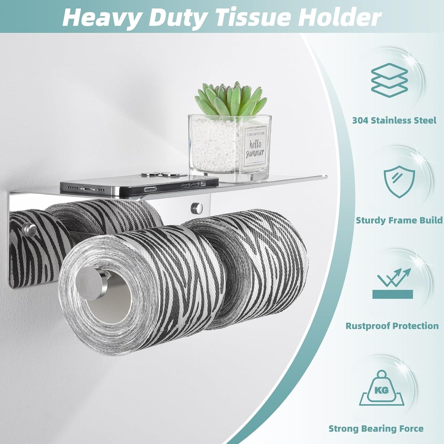 APLusee Polished Chrome Double Toilet Paper Holder with Shelf, Wall Mounted | 304 Stainless Steel, Rustproof for