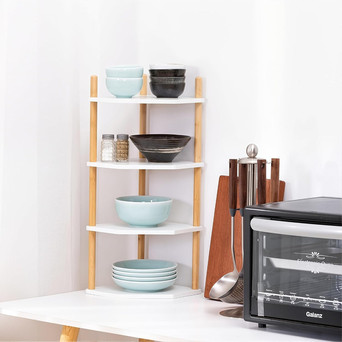 4-Tier Bamboo Corner Shelf,Kitchen Countertop Organizer,Corner Countertop Organizer Shelf, Coffee Bar Organizer,Coffee