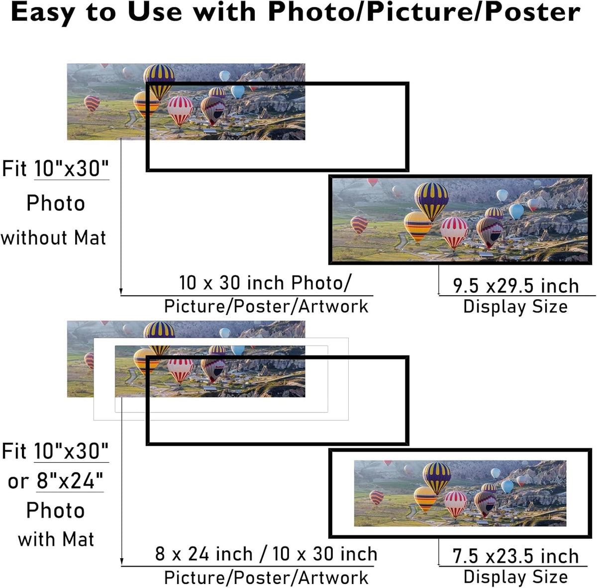 JCJMY 10x30 Picture Frame with 8x24 Mat Set of 4, Display Photo 8x24 with Mat or 10 x 30 Without Mat, Wall Hanging