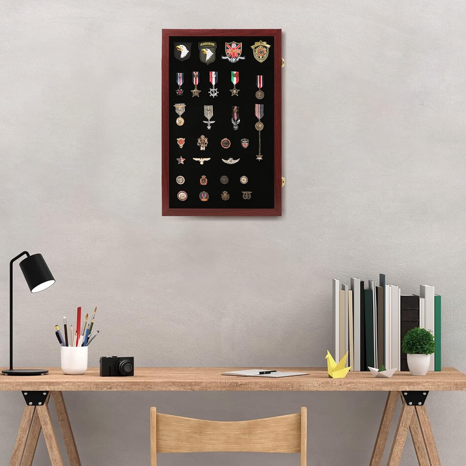 VERANI Pin Display Case Badge Display Frame Oversized Mahogany | Flexible layout arrangement,Premium real clear glass