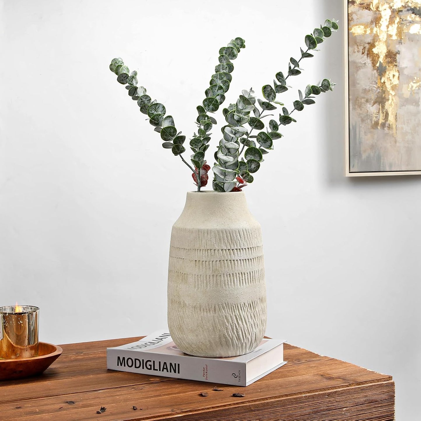 11" Rustic Ceramic Vase / 11" Beige White