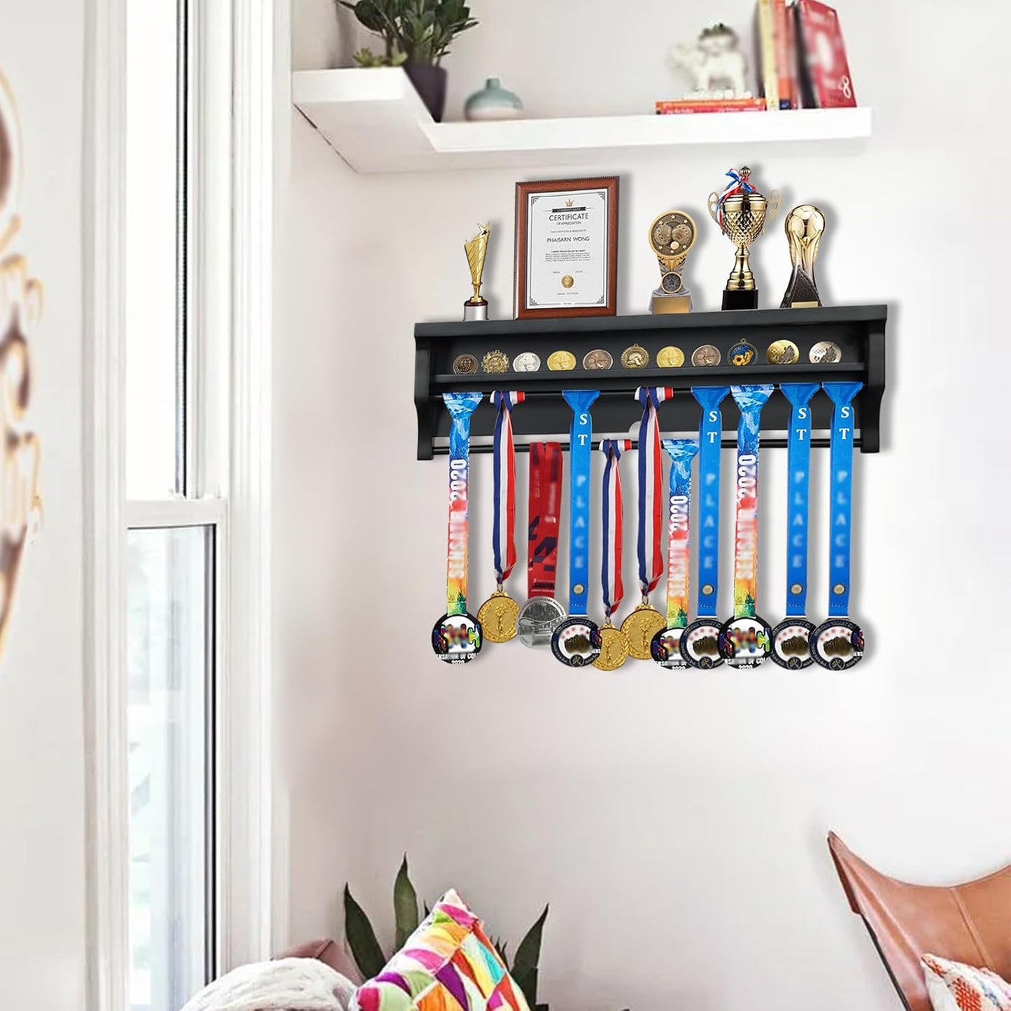 IHEIPYE Medal Hanger Display Shelf Medal Rack Display Holder Black | Solid Wood，Wall Mount, Runners, Marathon, Race