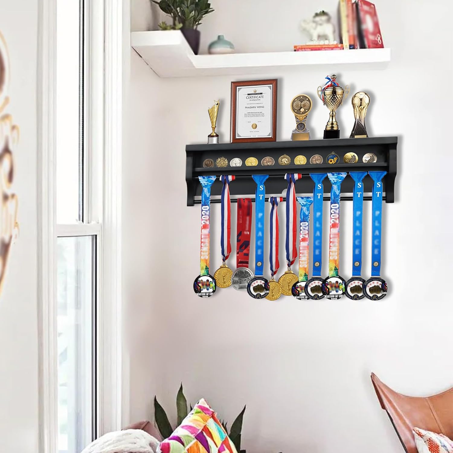 IHEIPYE Medal Hanger Display Shelf Medal Rack Display Holder Black | Solid Wood，Wall Mount, Runners, Marathon, Race