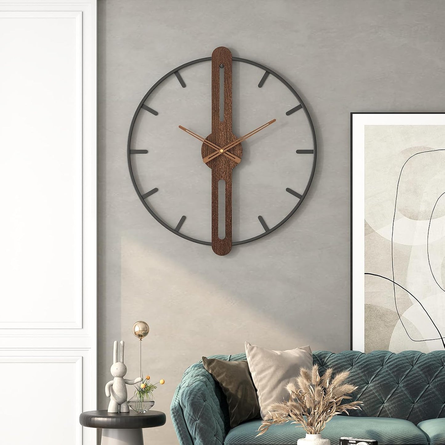 Modern Walnut Dial Wall Clock, Wood Large Wall Clock Decor Metal Frame Silent Non Ticking for Living Room, Bedroom