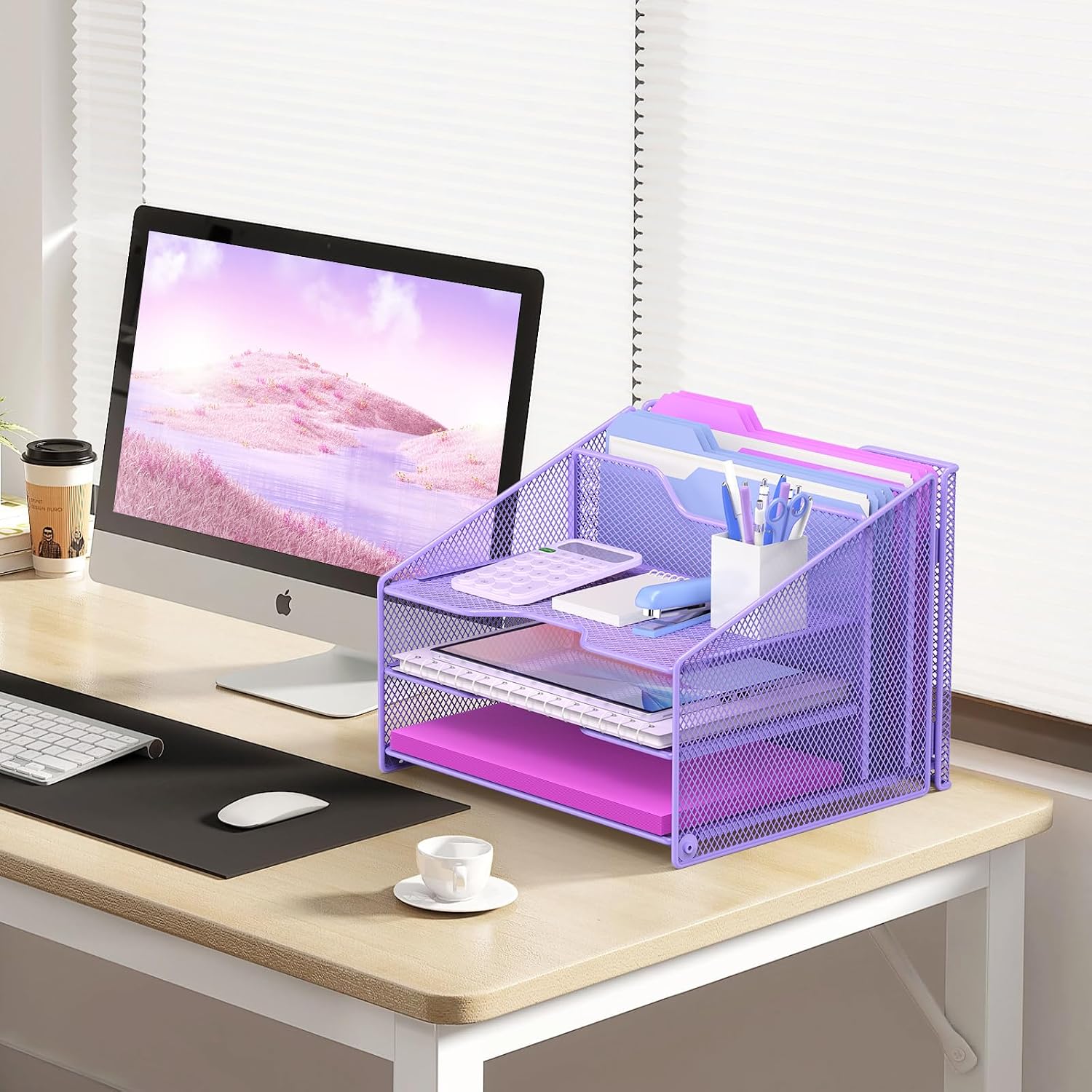 Samstar Purple Desk File Organizer, Mesh Letter File Folder Holder with 3 Paper Trays and 2 Vertical Upright Section