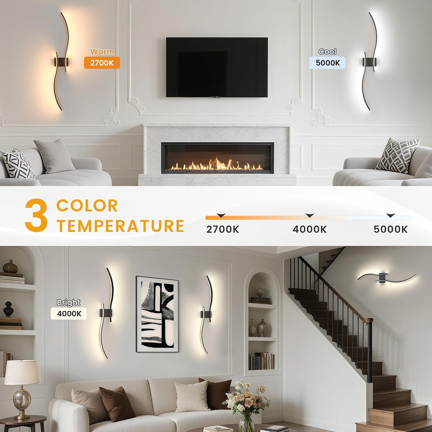 VOLISUN Battery Operated Wall Sconces Set of Two, 39.4 inch Wireless Wall Sconces, 3000K-6500K Dimmable Wall Lamps with