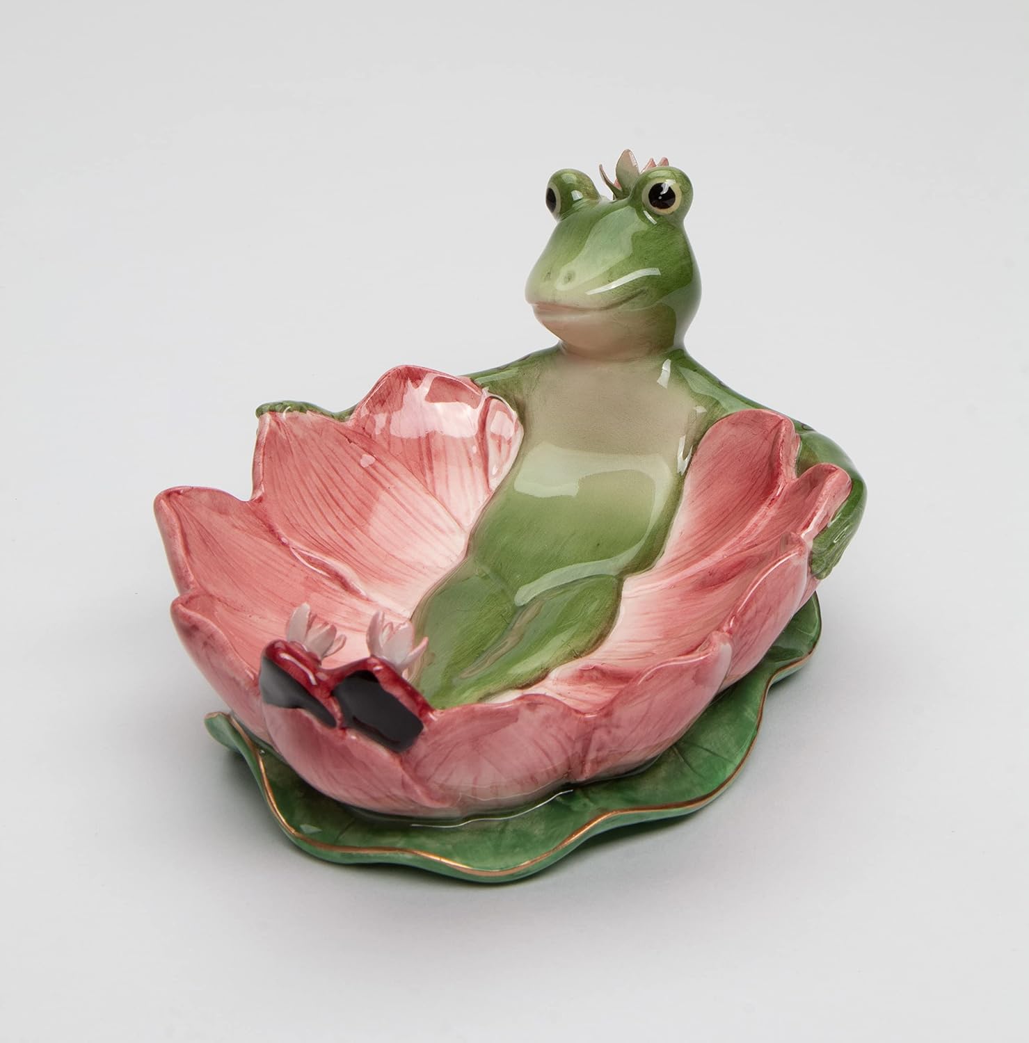 Fine Ceramic Hand Painted Lady Frog on Water Lily Lotus Flower Soap Dish or Nic Nac Dish or Jewelry