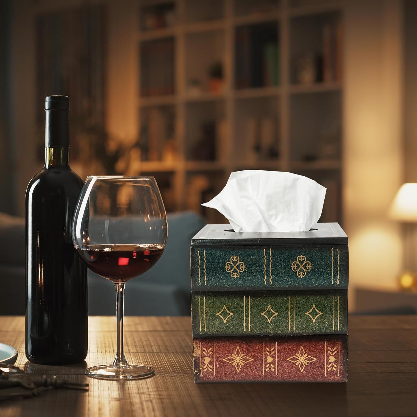 Crafted Classical Retro Wooden Antique Book Tissue Box Cover Square Tissue Holder Dispenser / Green