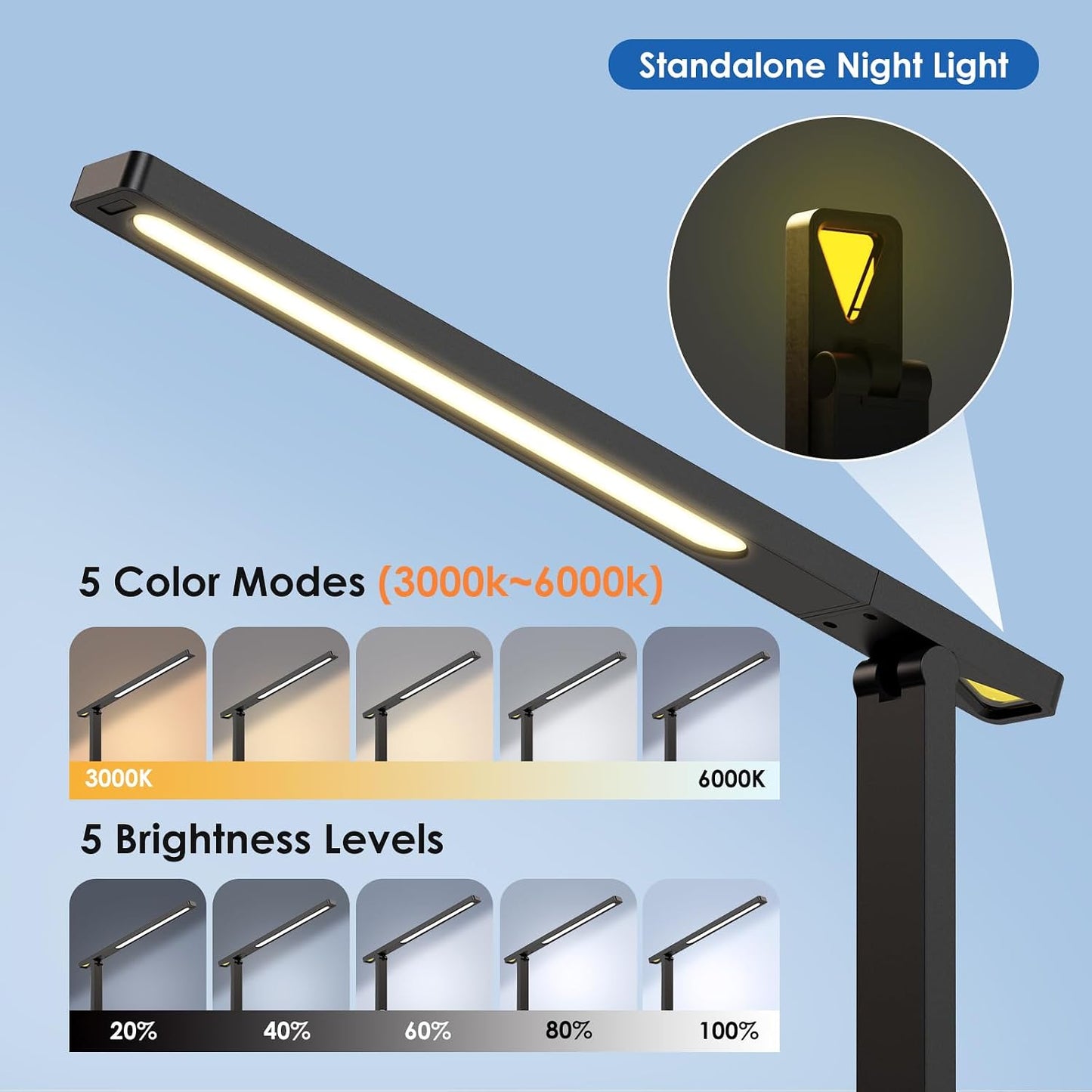 Infiway Desk Lamp with USB Charging Port: LED Stepless Dimmable Eye Caring Desk Light for Home Office - 1 Type-C, 1