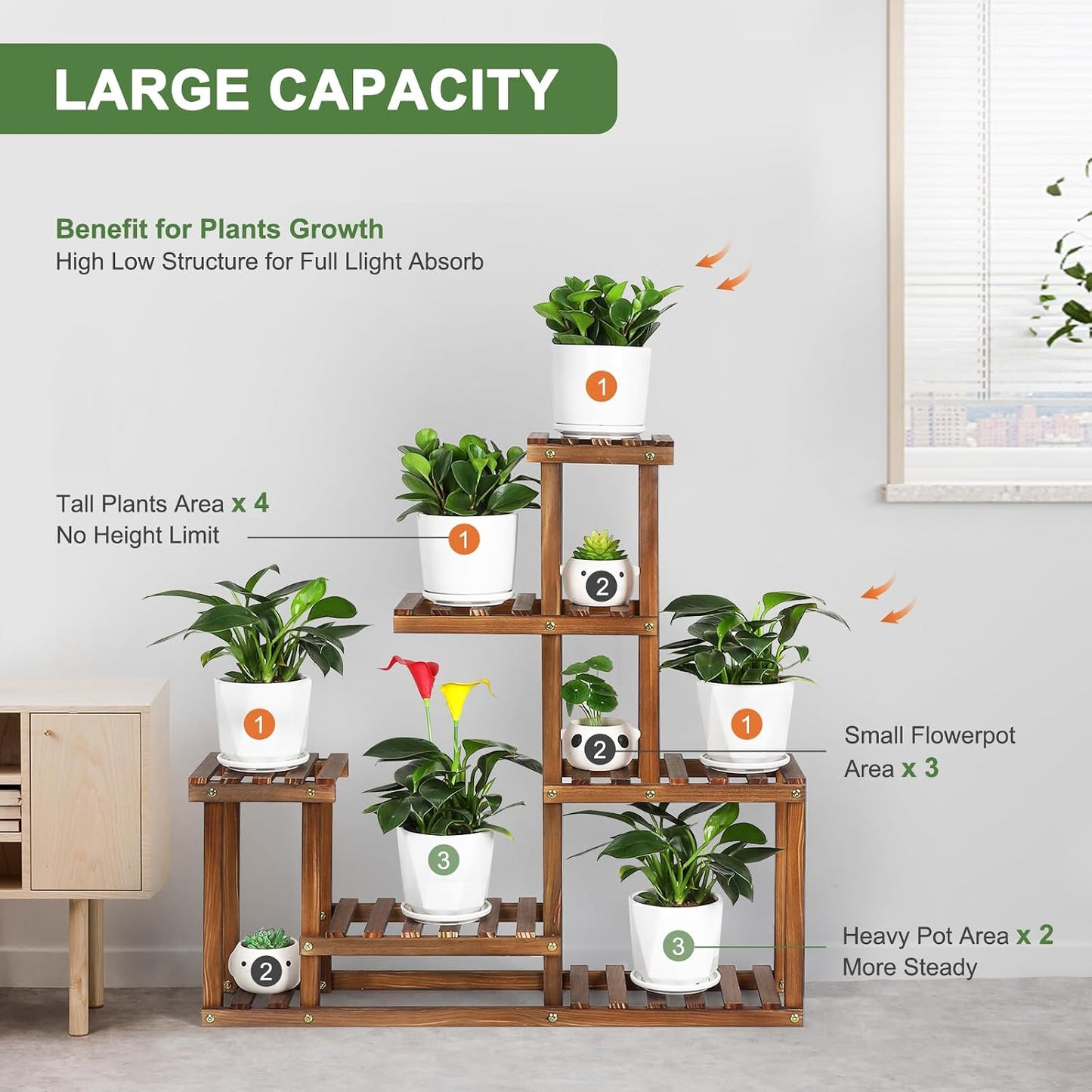 Wood Plant Stand Indoor Outdoor Multi Tiered Plant Shelf Holder | Corner High Low Flower Rack Stand for Multiple Plants