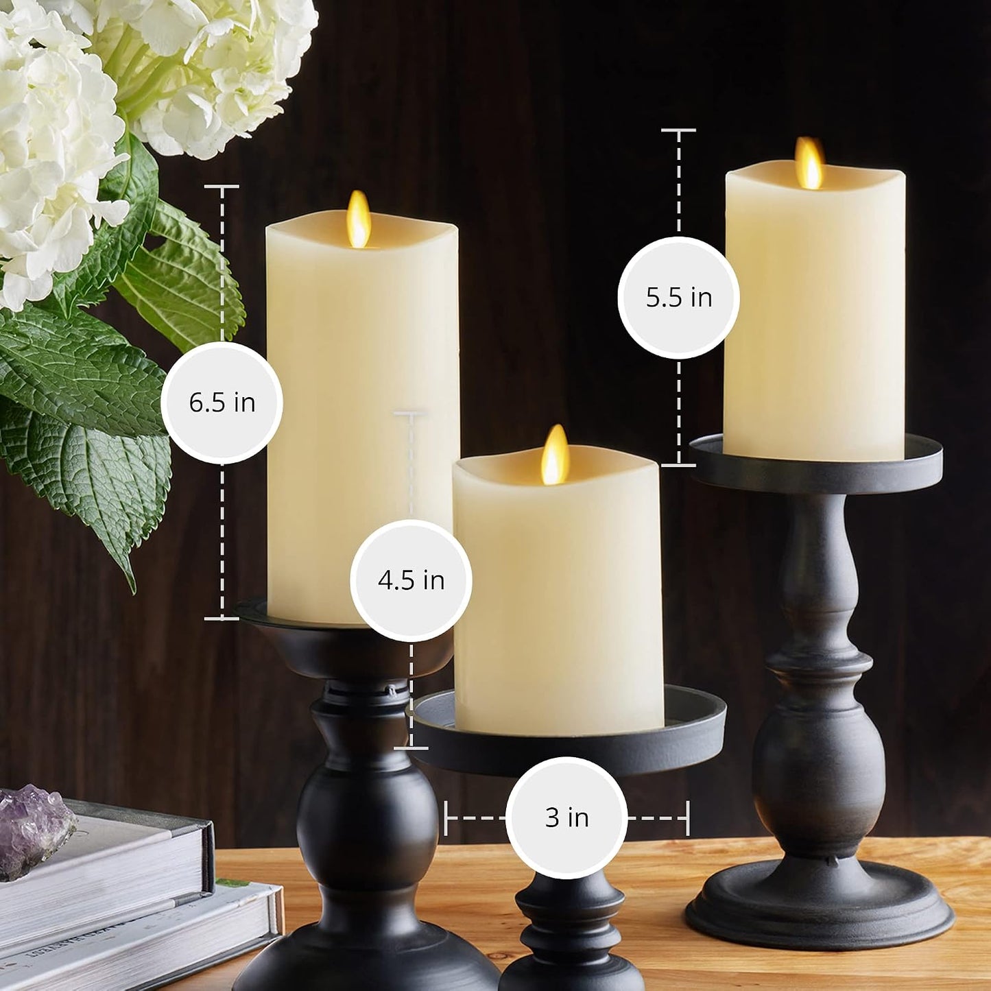 Luminara Realistic Flameless LED Set of 3 Ivory Pillar Candles, Home Safe Moving Flame Melted Top Illumination, Battery