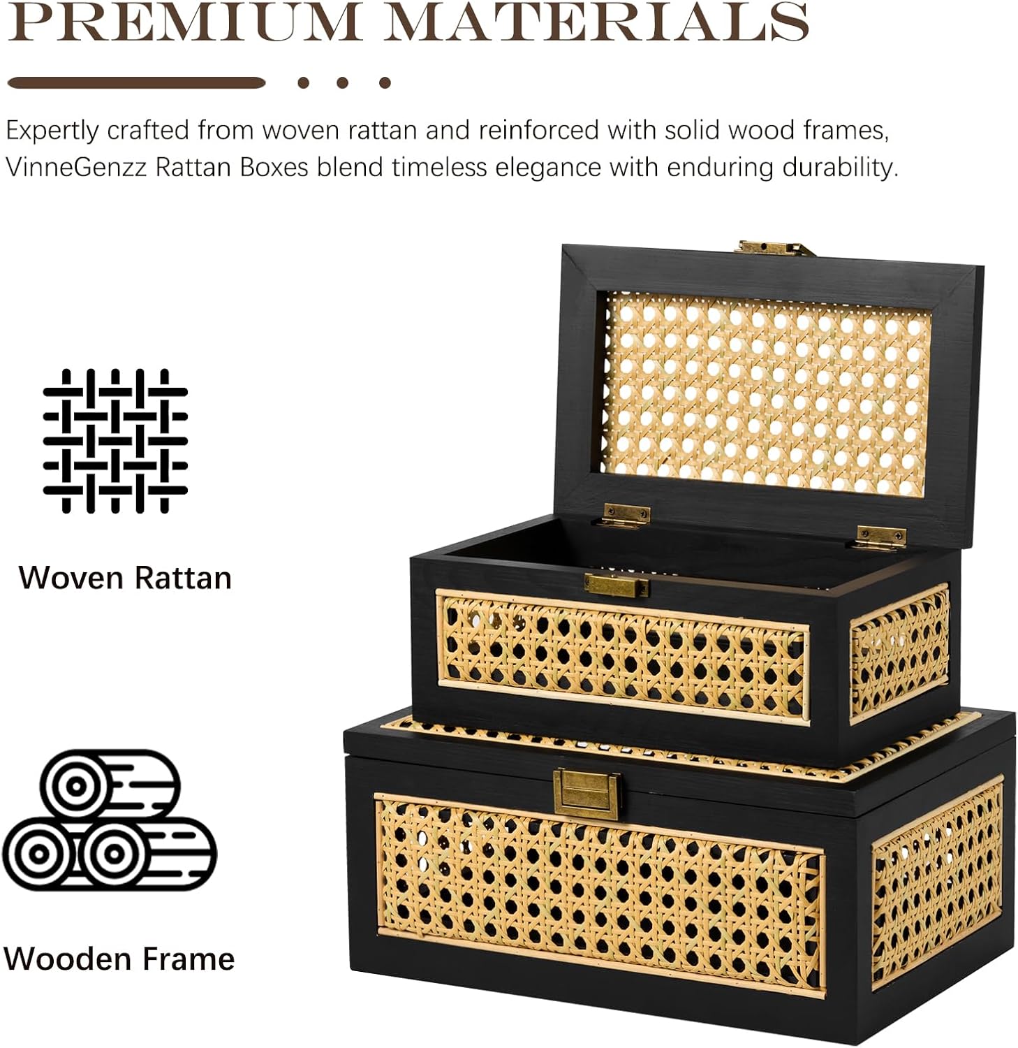 Lid Wooden Frame Boho Rustic Wicker Box Stacking / Large / Black